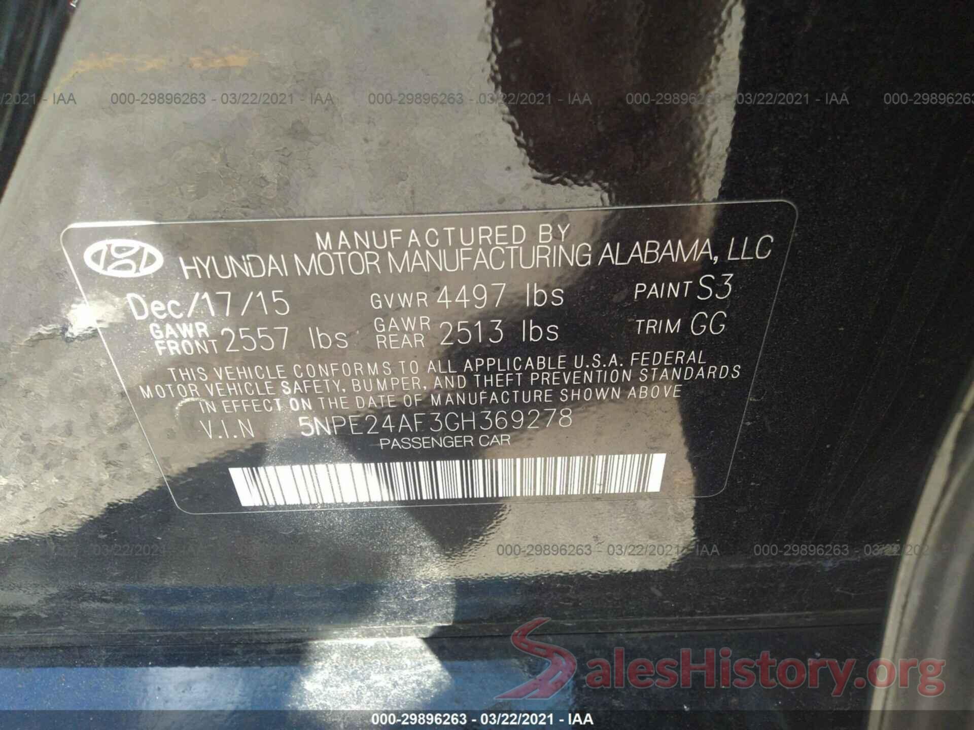 5NPE24AF3GH369278 2016 HYUNDAI SONATA