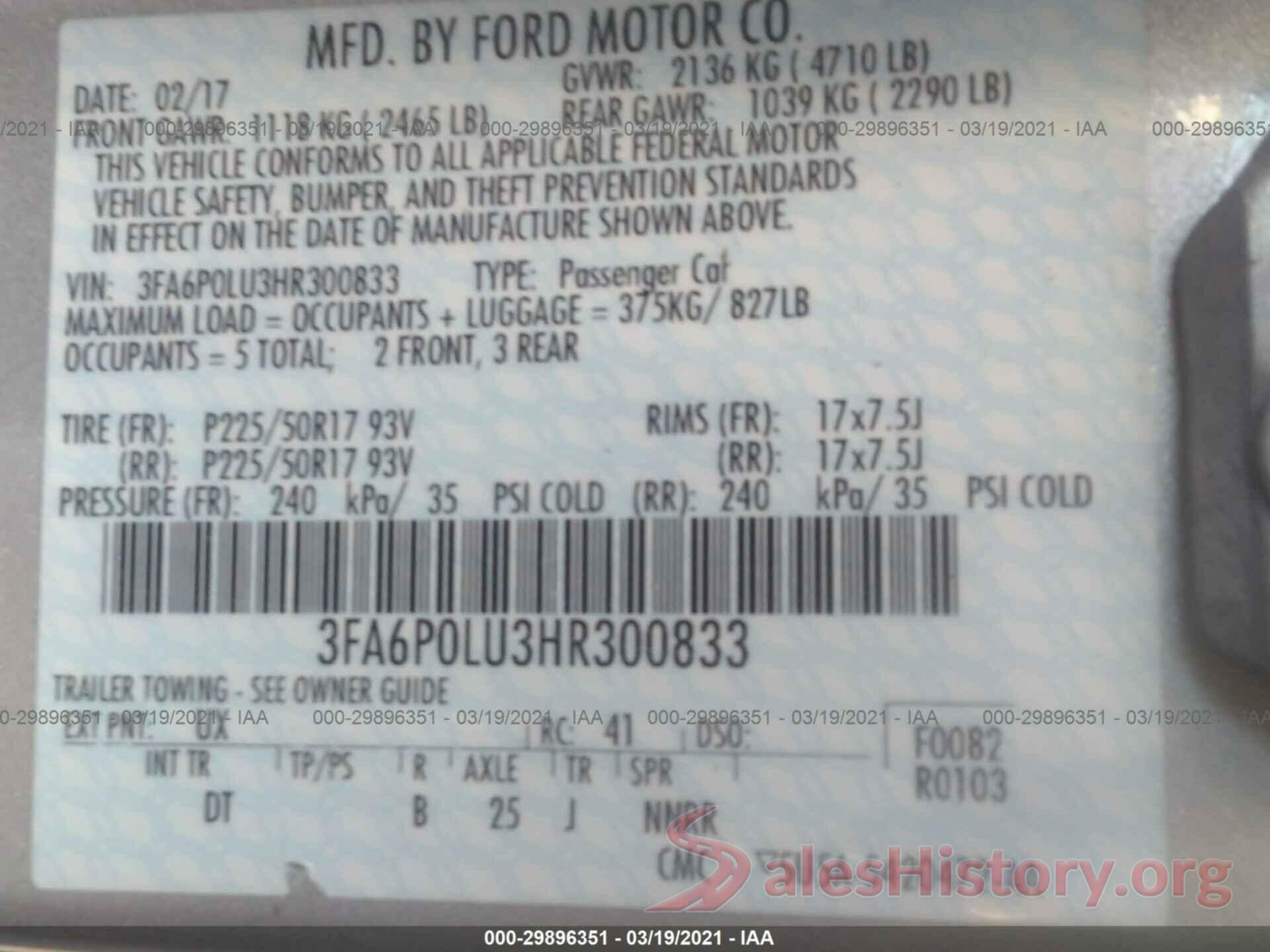 3FA6P0LU3HR300833 2017 FORD FUSION