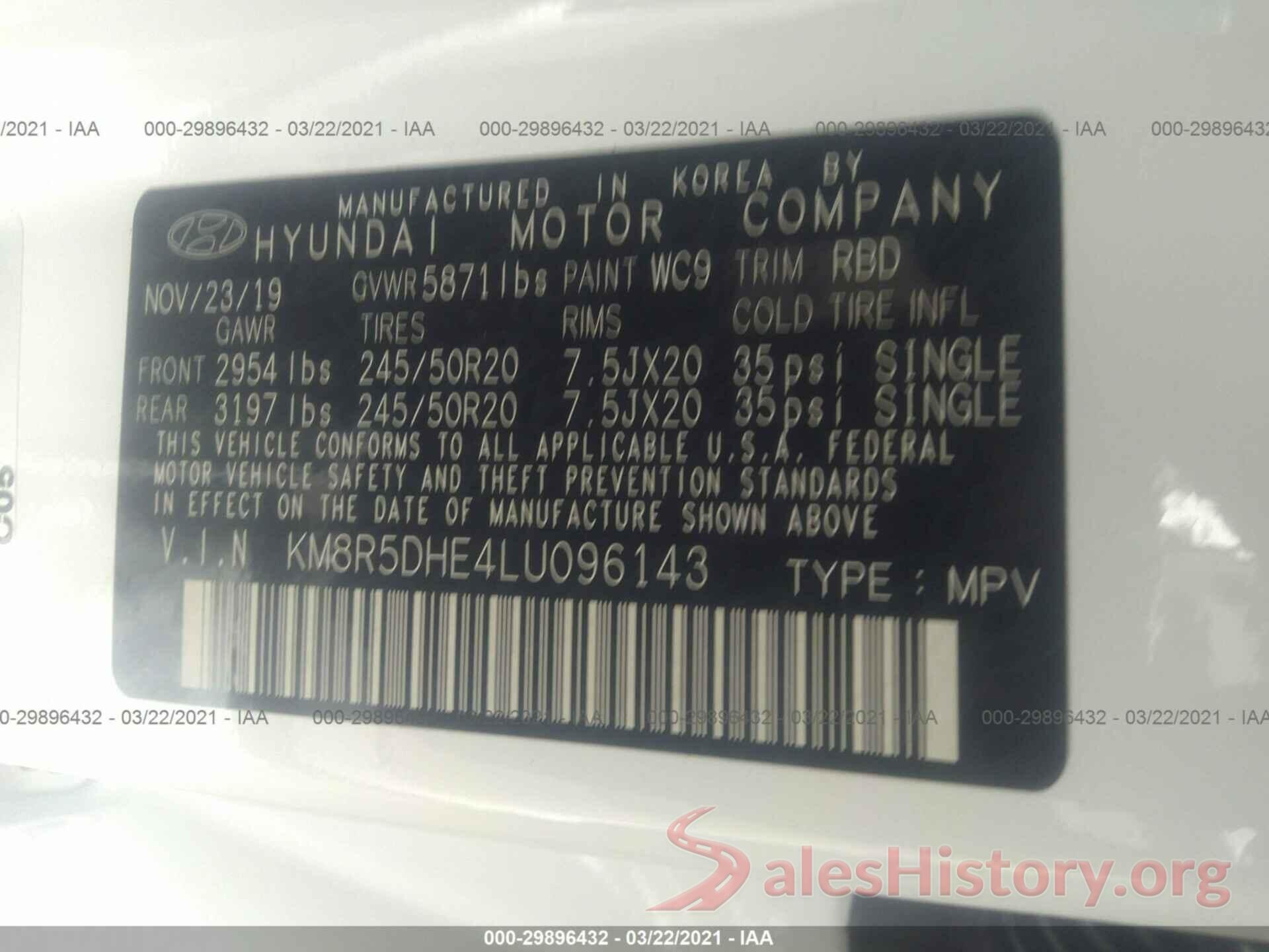 KM8R5DHE4LU096143 2020 HYUNDAI PALISADE