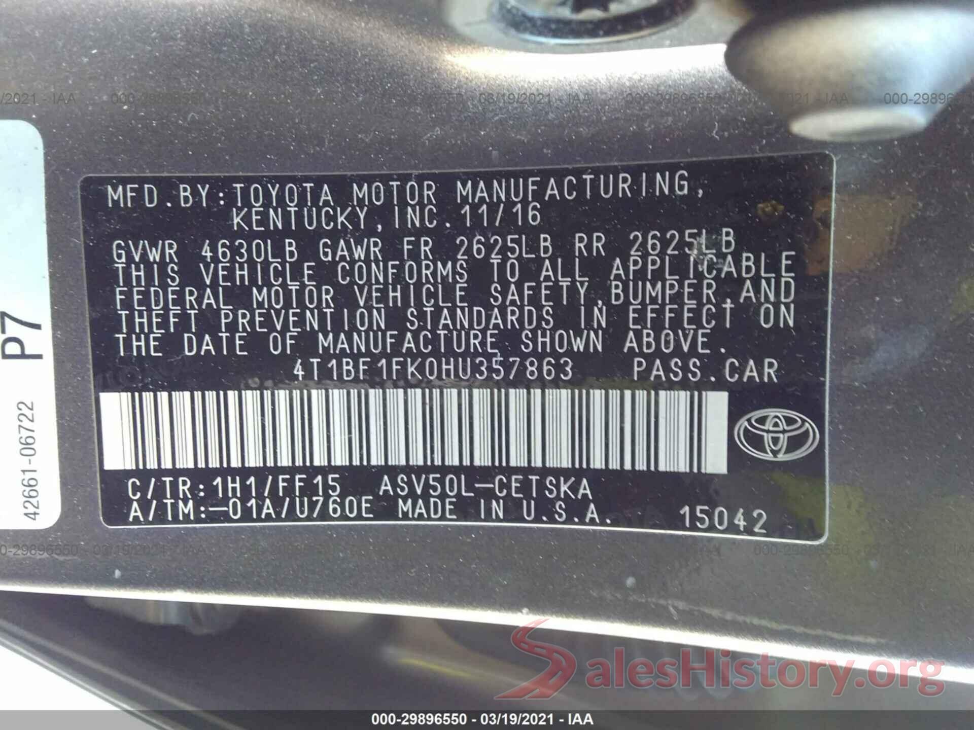 4T1BF1FK0HU357863 2017 TOYOTA CAMRY