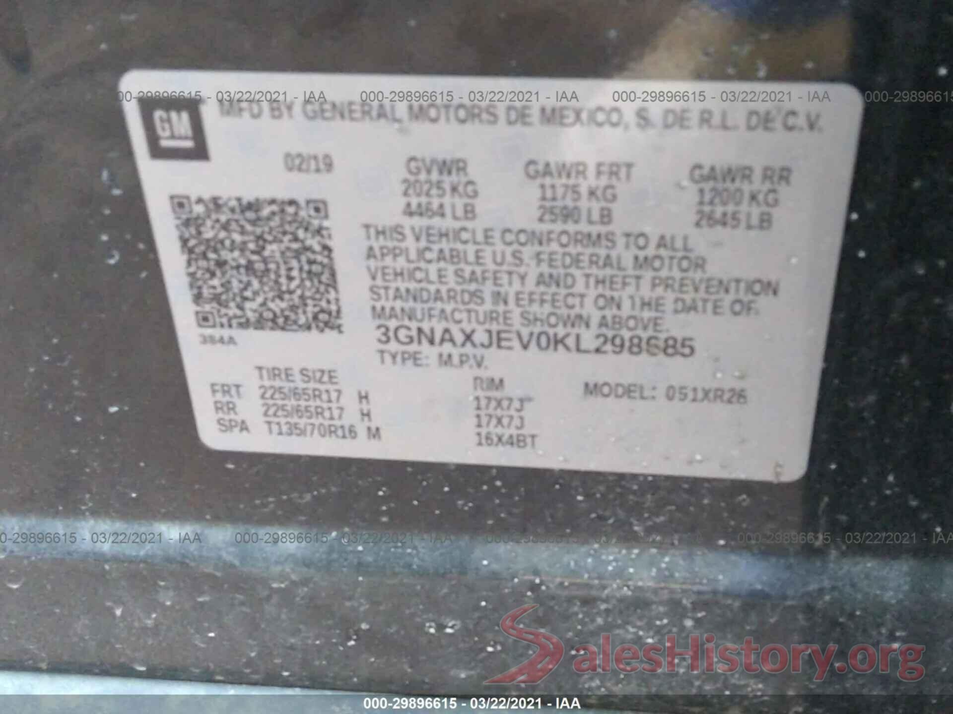 3GNAXJEV0KL298685 2019 CHEVROLET EQUINOX