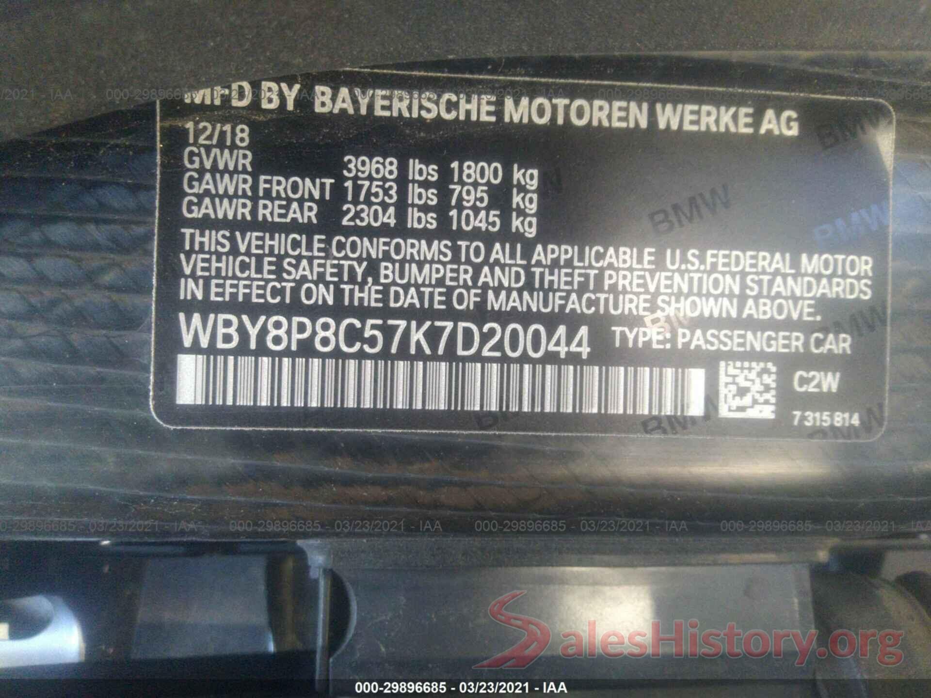 WBY8P8C57K7D20044 2019 BMW I3