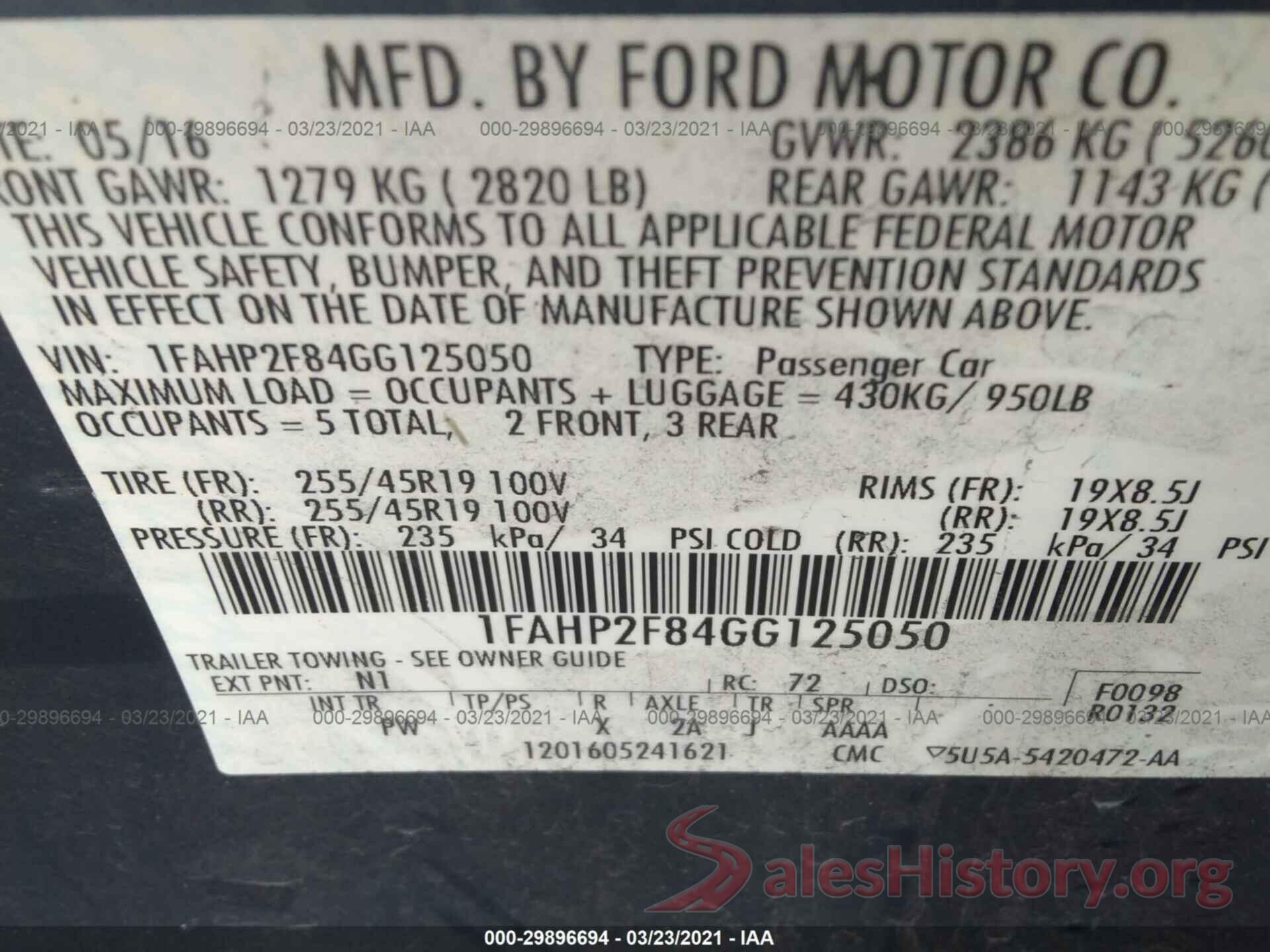 1FAHP2F84GG125050 2016 FORD TAURUS