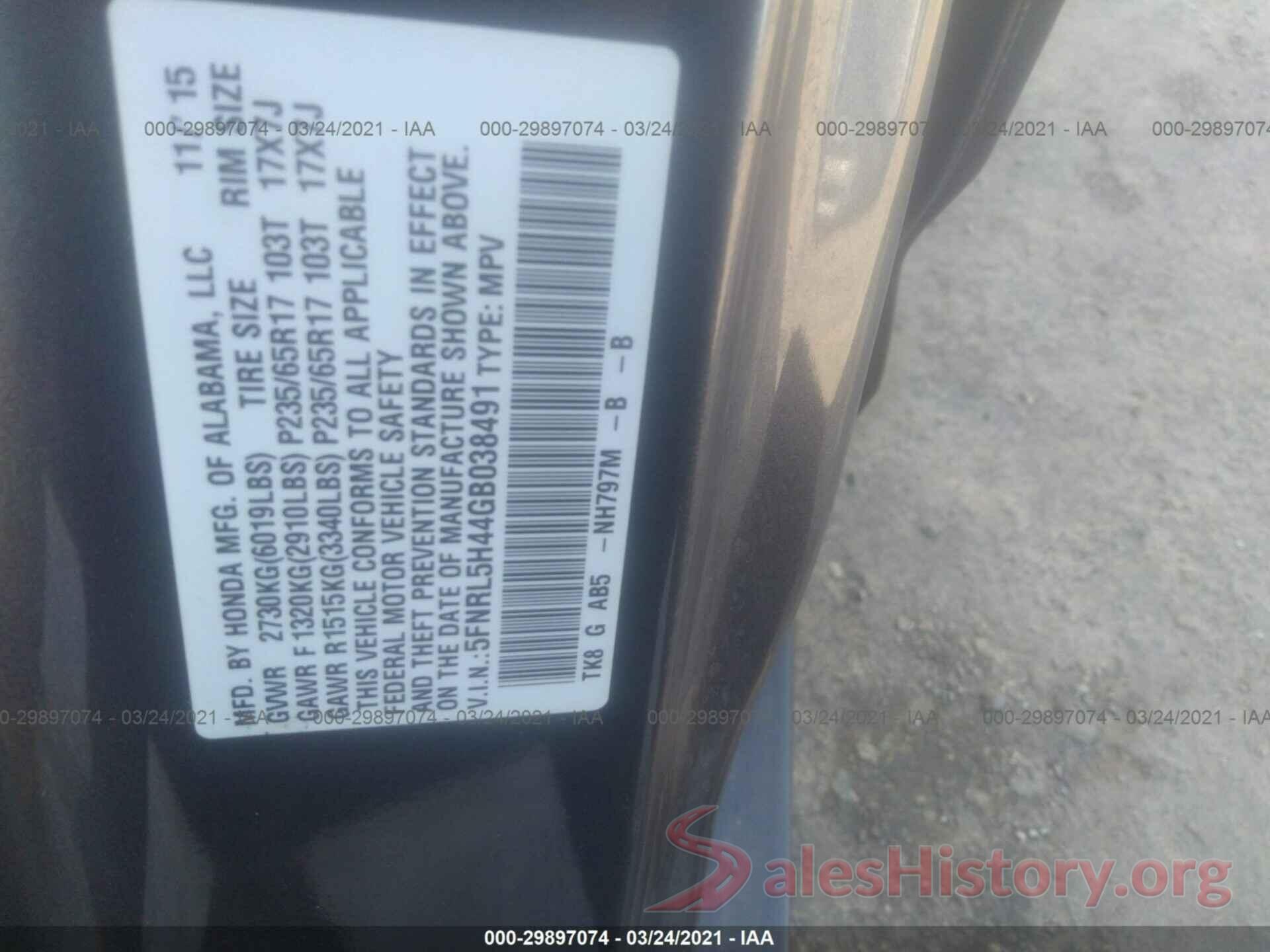 5FNRL5H44GB038491 2016 HONDA ODYSSEY