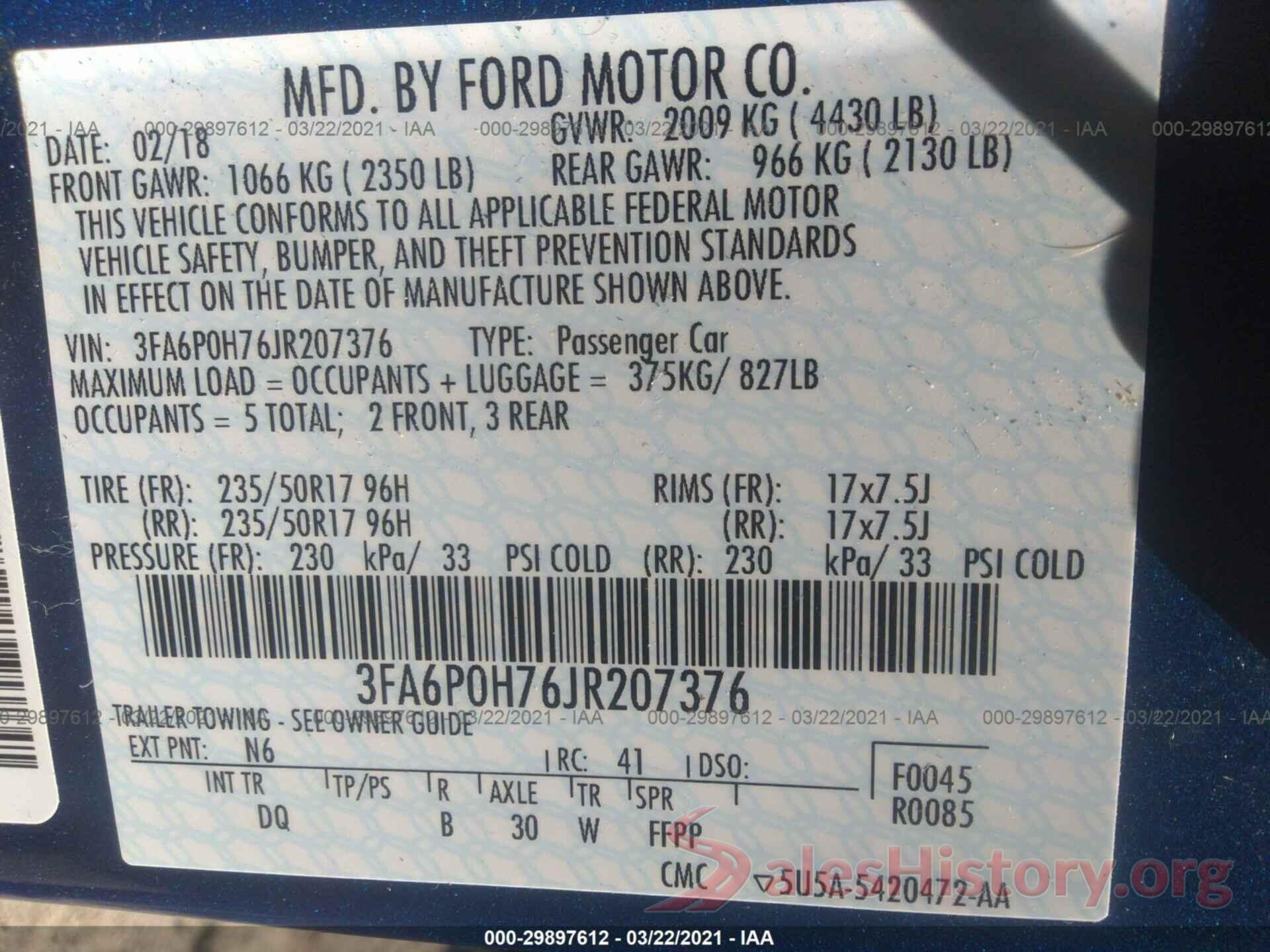 3FA6P0H76JR207376 2018 FORD FUSION