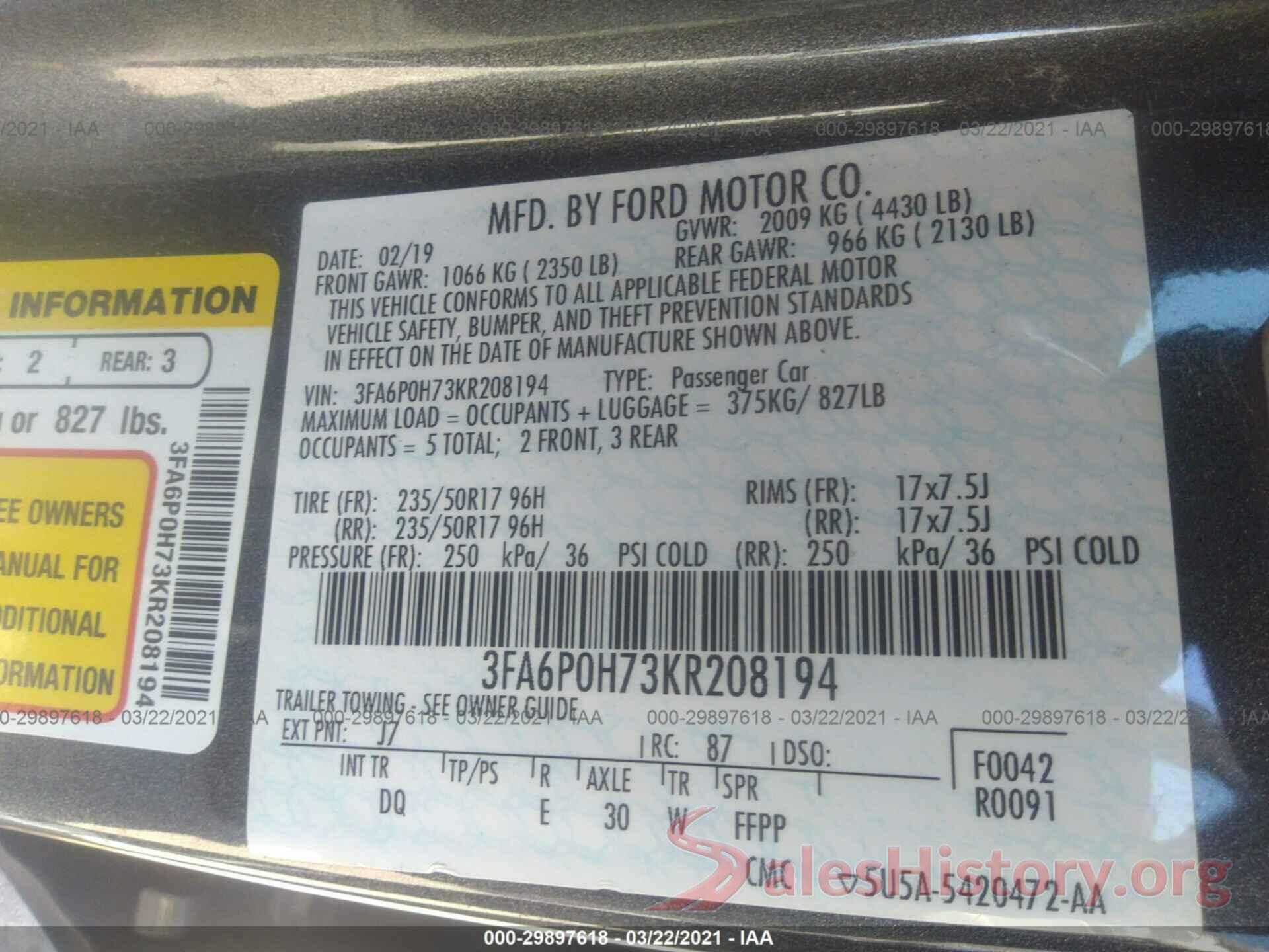 3FA6P0H73KR208194 2019 FORD FUSION