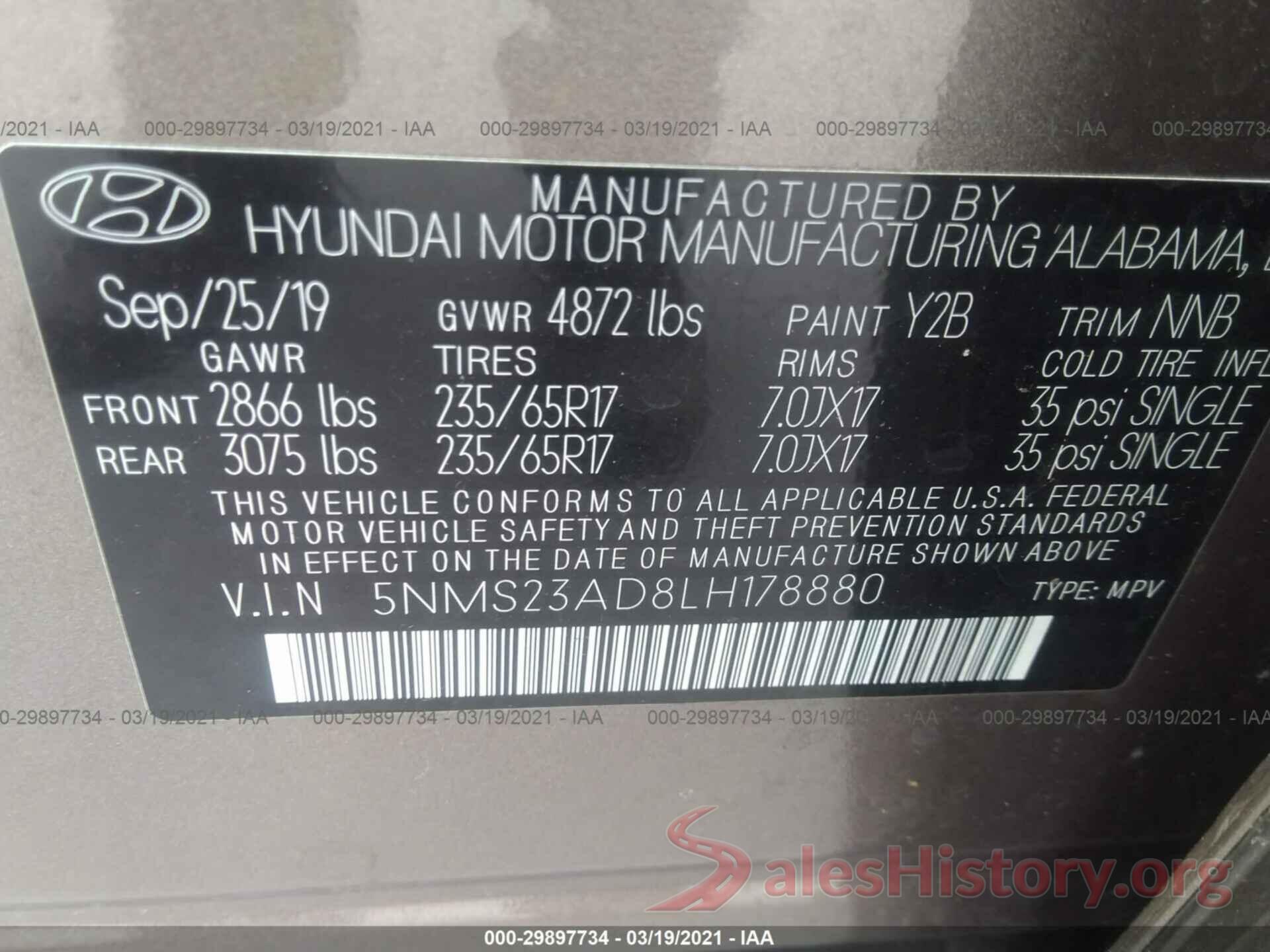 5NMS23AD8LH178880 2020 HYUNDAI SANTA FE