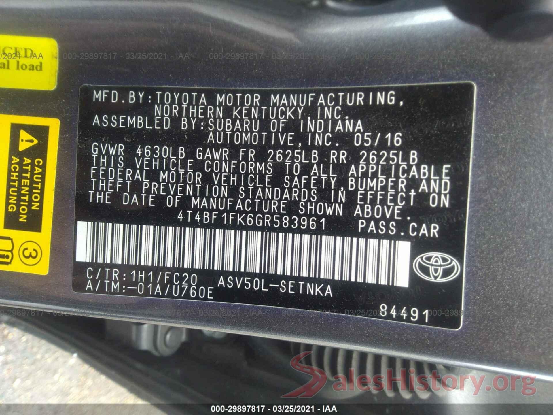 4T4BF1FK6GR583961 2016 TOYOTA CAMRY