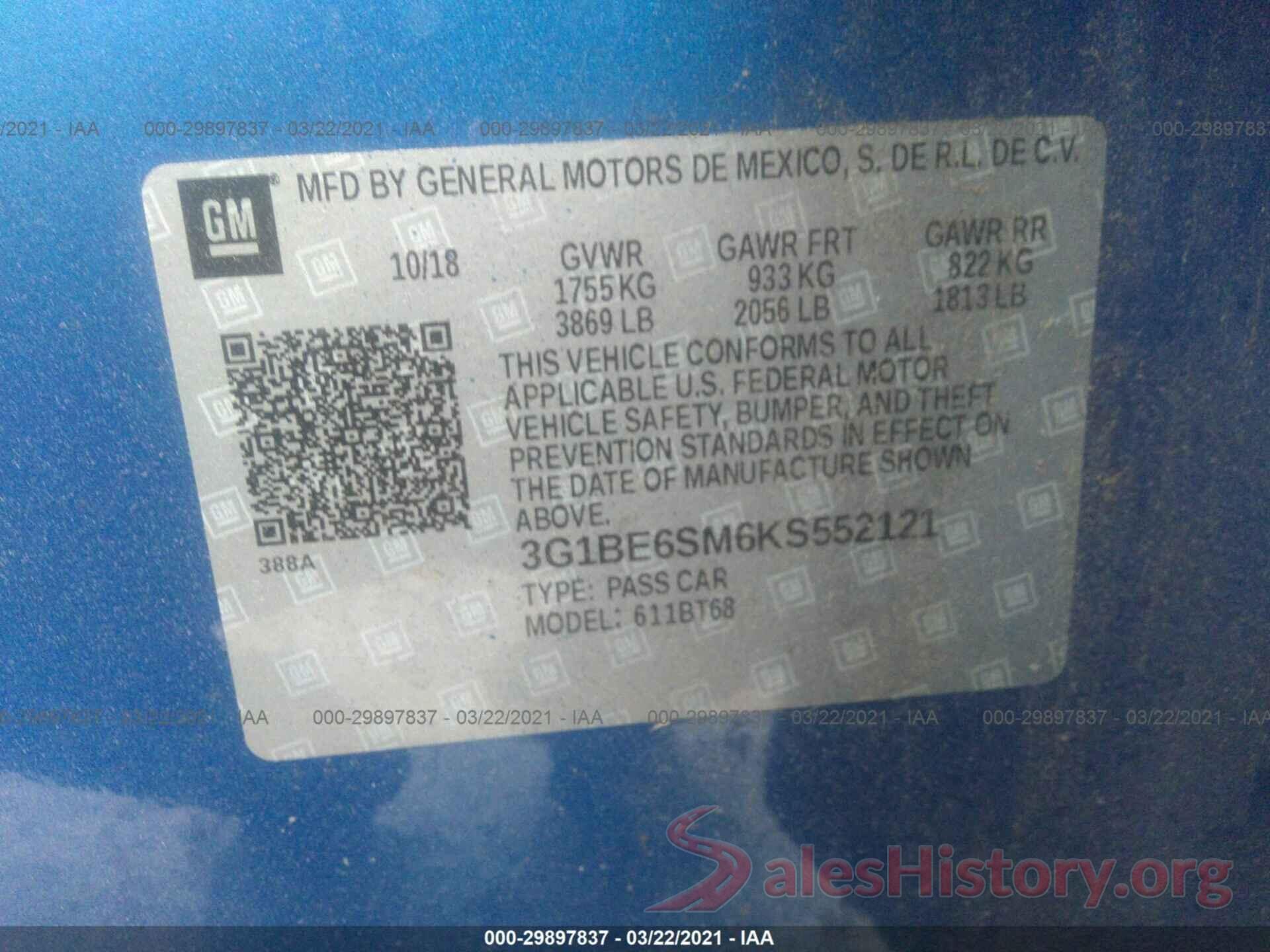 3G1BE6SM6KS552121 2019 CHEVROLET CRUZE