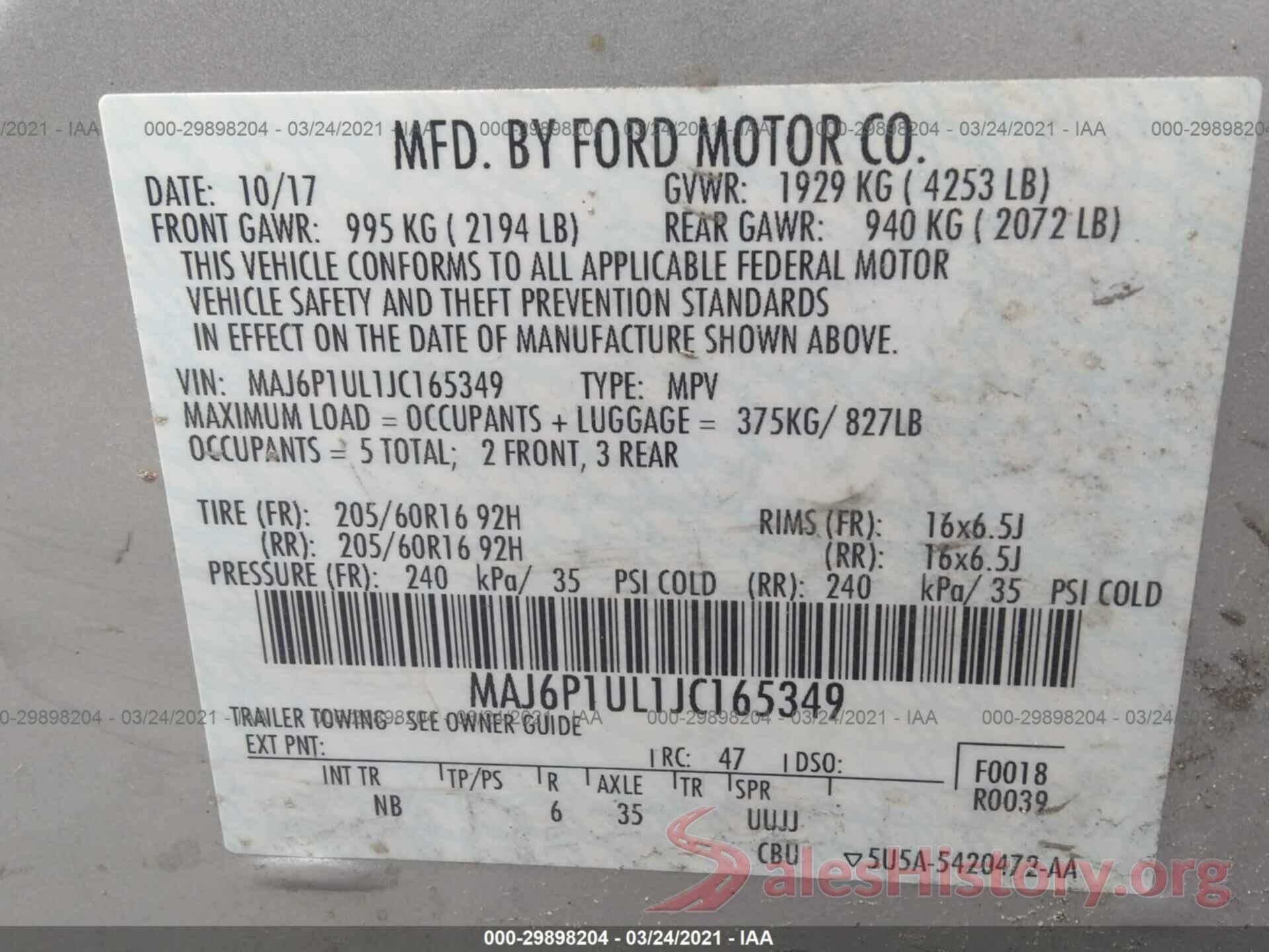 MAJ6P1UL1JC165349 2018 FORD ECOSPORT