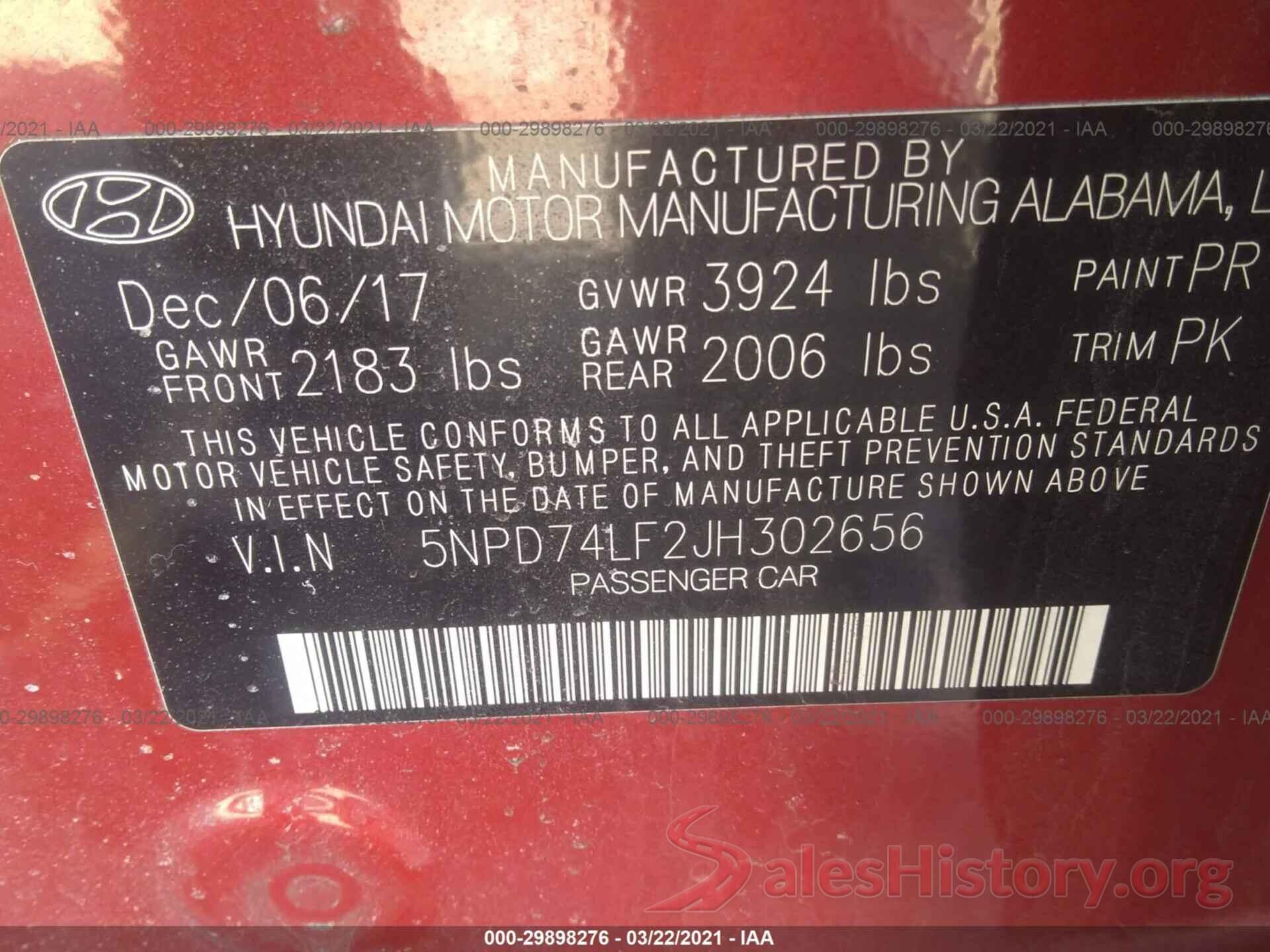 5NPD74LF2JH302656 2018 HYUNDAI ELANTRA