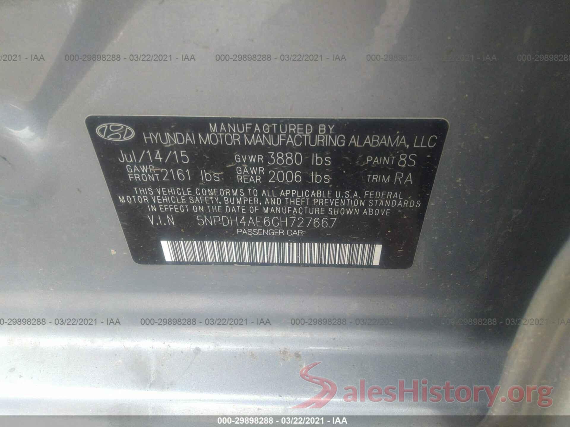 5NPDH4AE6GH727667 2016 HYUNDAI ELANTRA