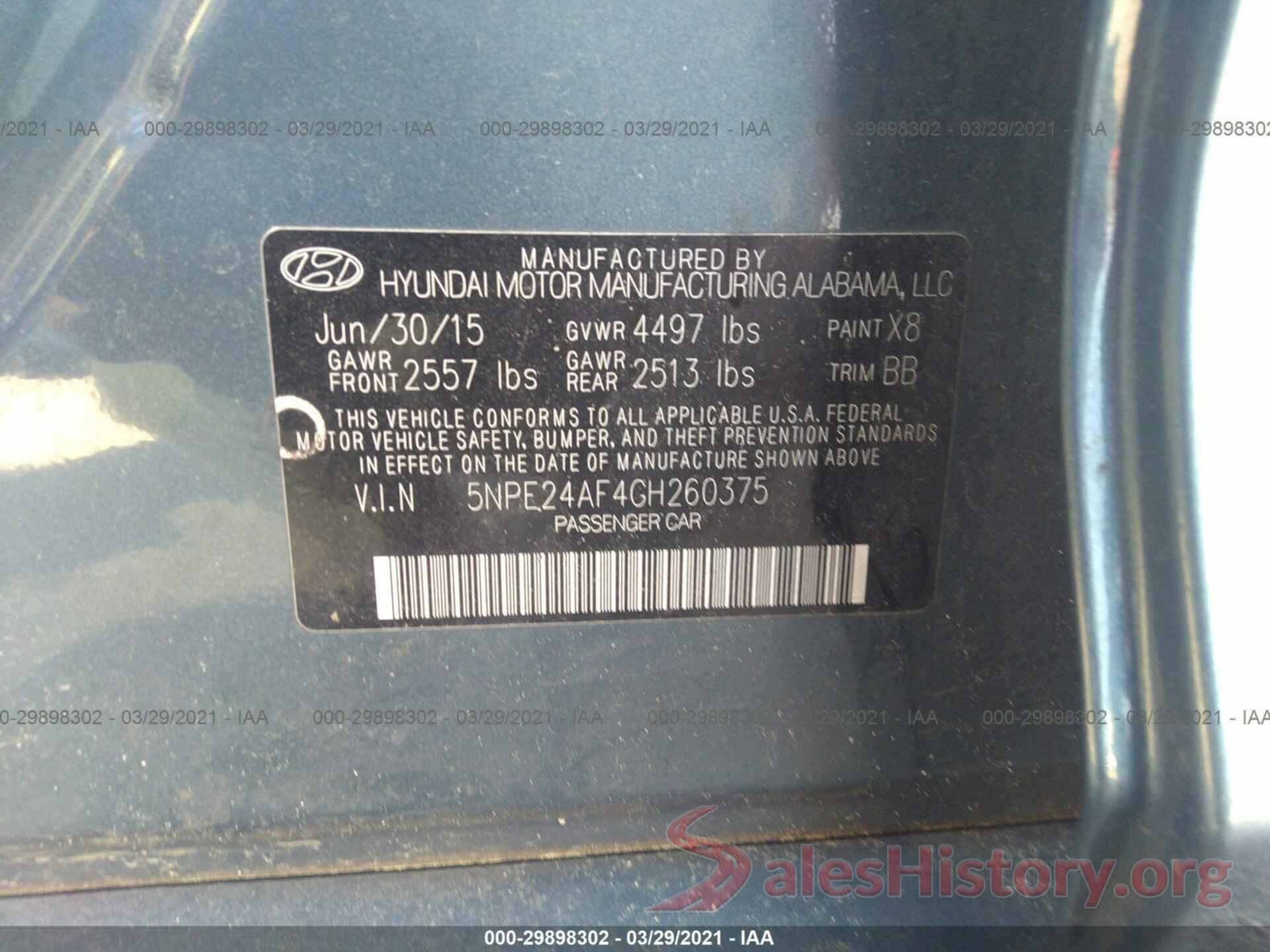 5NPE24AF4GH260375 2016 HYUNDAI SONATA