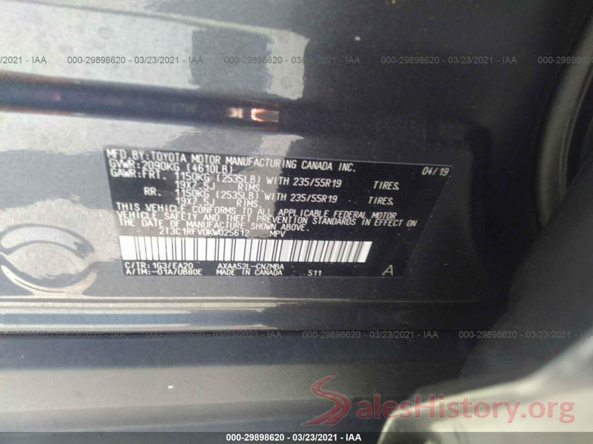 2T3C1RFV0KW025612 2019 TOYOTA RAV4