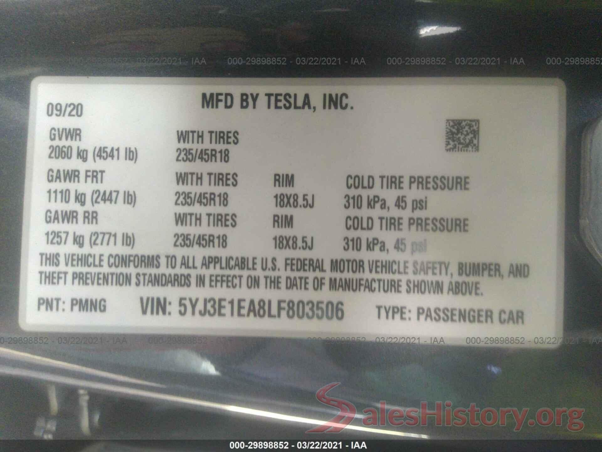 5YJ3E1EA8LF803506 2020 TESLA MODEL 3