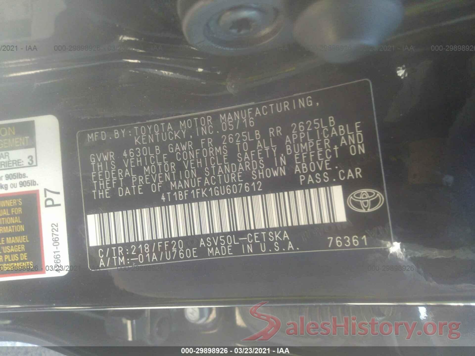 4T1BF1FK1GU607612 2016 TOYOTA CAMRY