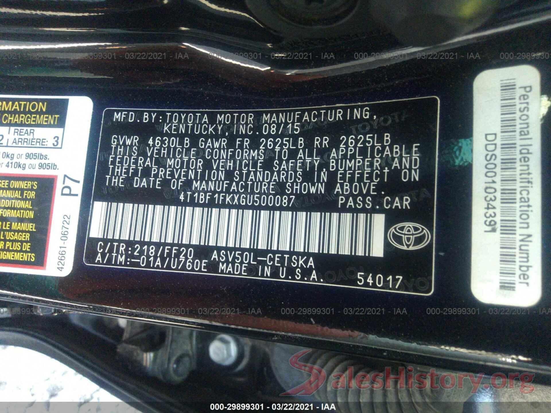 4T1BF1FKXGU500087 2016 TOYOTA CAMRY