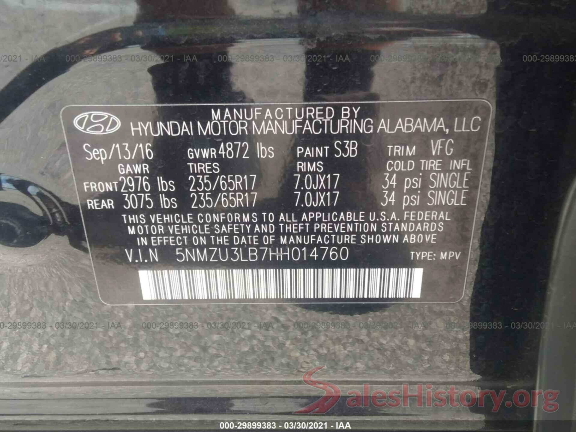 5NMZU3LB7HH014760 2017 HYUNDAI SANTA FE SPORT