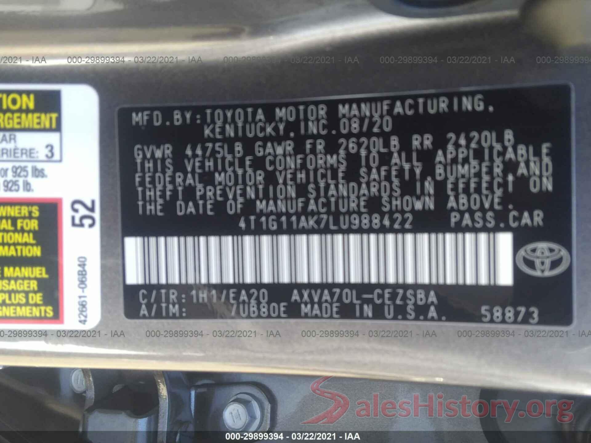 4T1G11AK7LU988422 2020 TOYOTA CAMRY