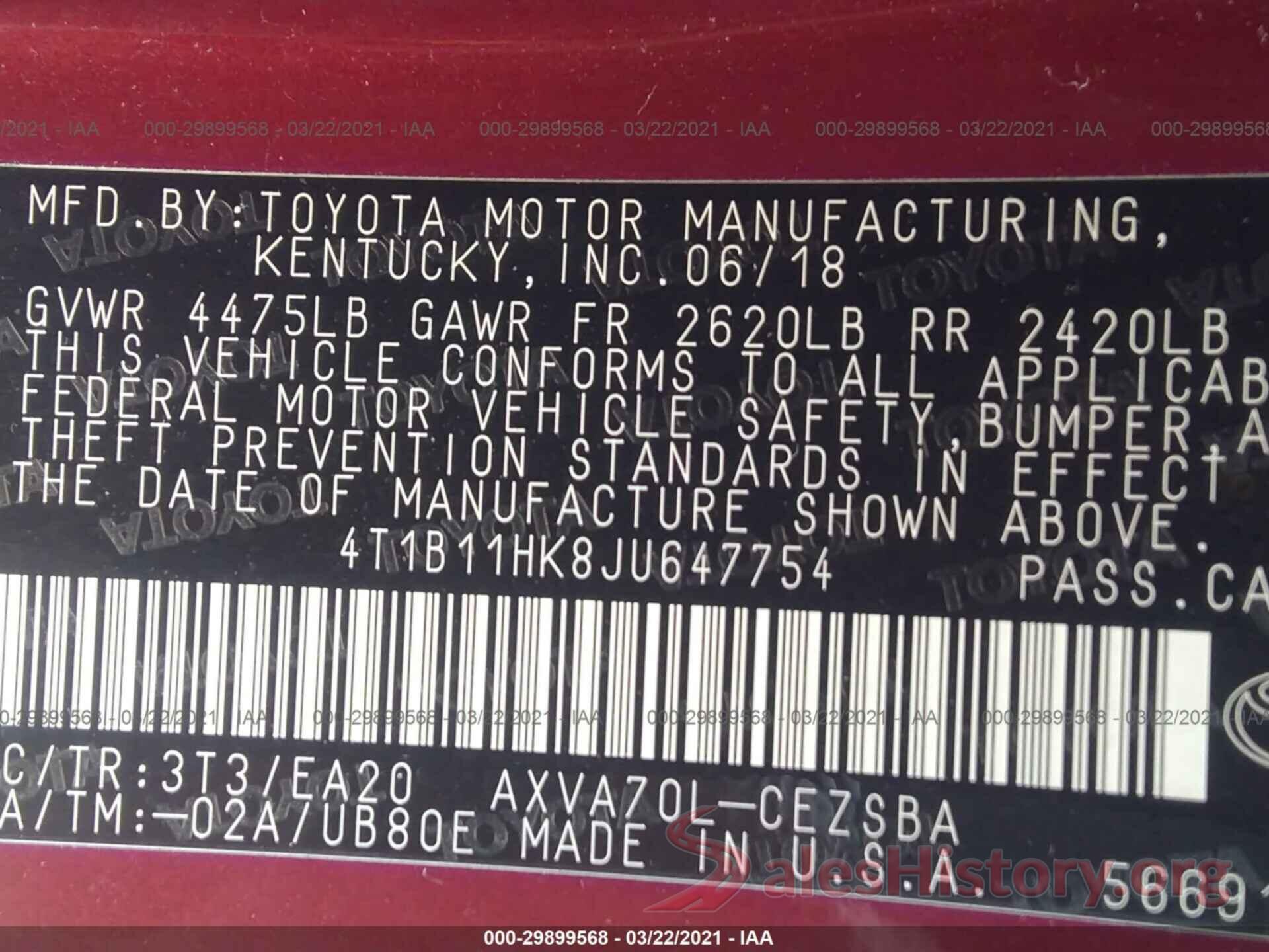 4T1B11HK8JU647754 2018 TOYOTA CAMRY