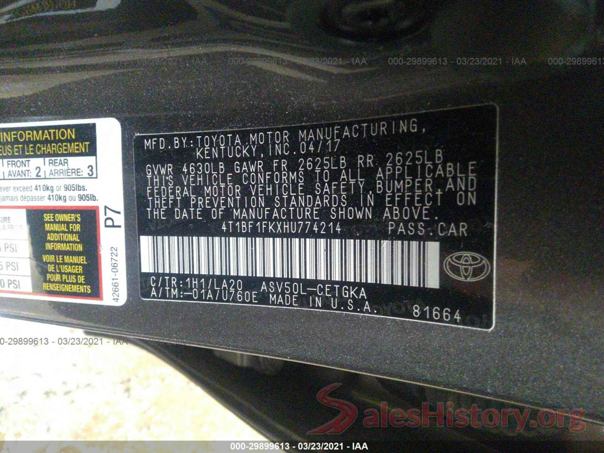 4T1BF1FKXHU774214 2017 TOYOTA CAMRY