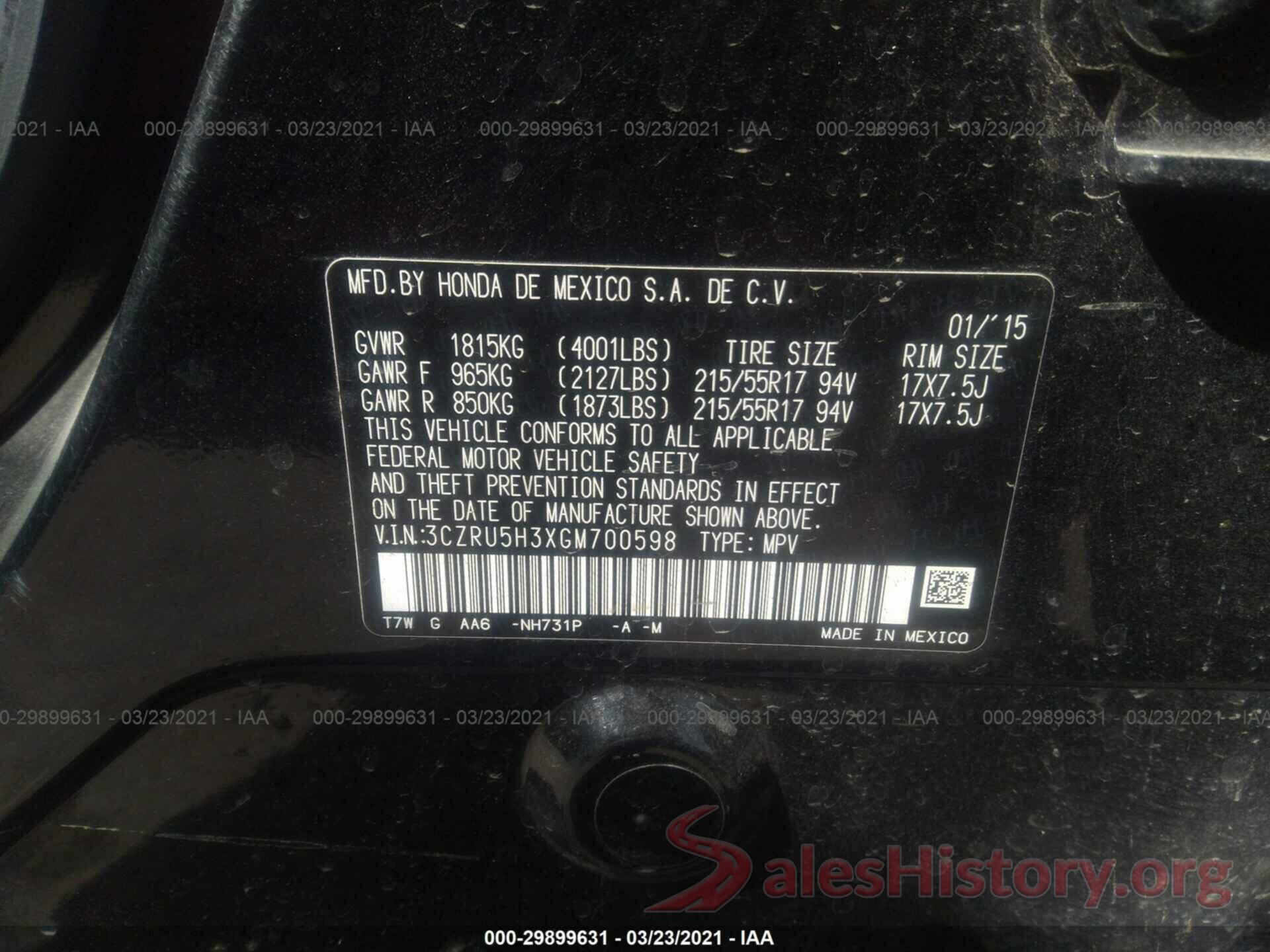 3CZRU5H3XGM700598 2016 HONDA HR-V