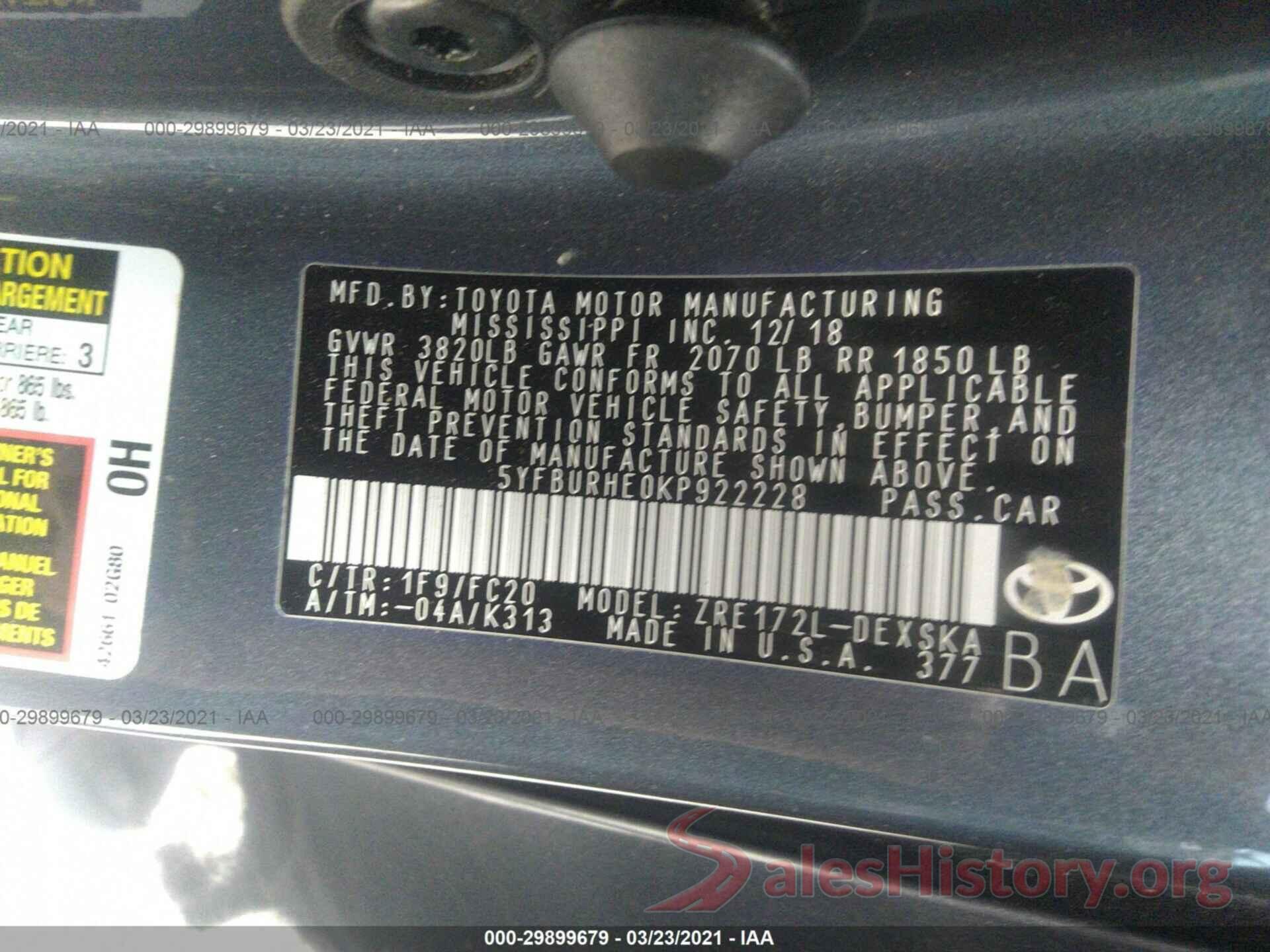 5YFBURHE0KP922228 2019 TOYOTA COROLLA