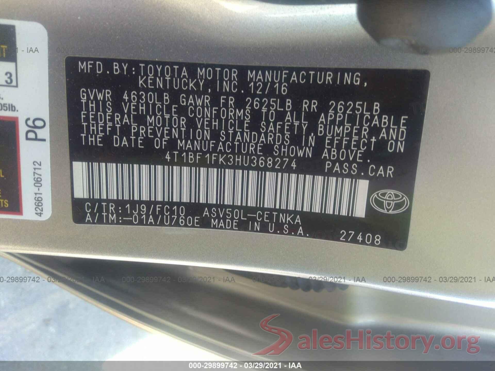 4T1BF1FK3HU368274 2017 TOYOTA CAMRY