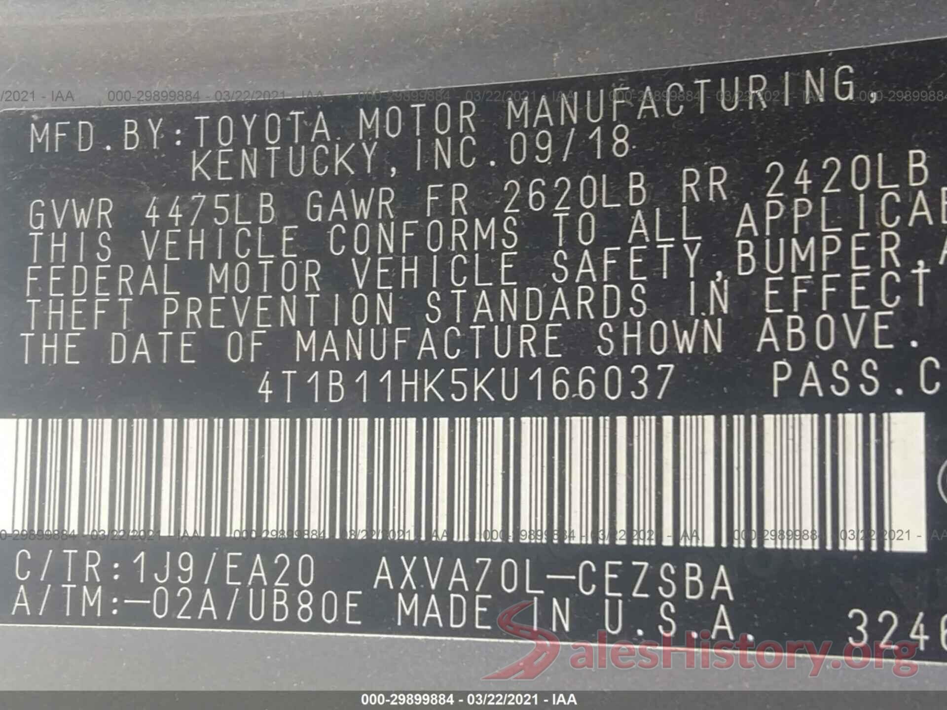 4T1B11HK5KU166037 2019 TOYOTA CAMRY