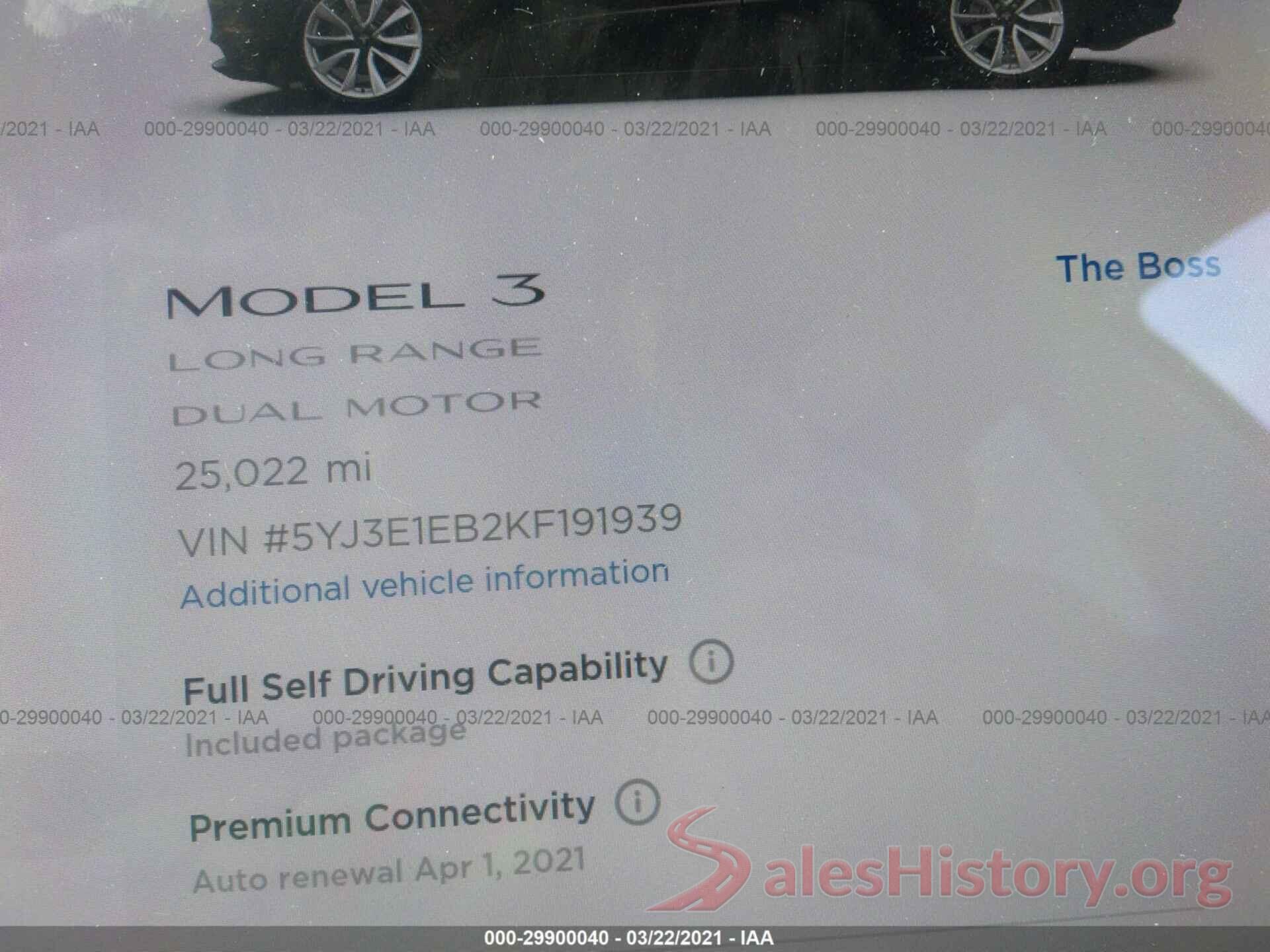 5YJ3E1EB2KF191939 2019 TESLA MODEL 3