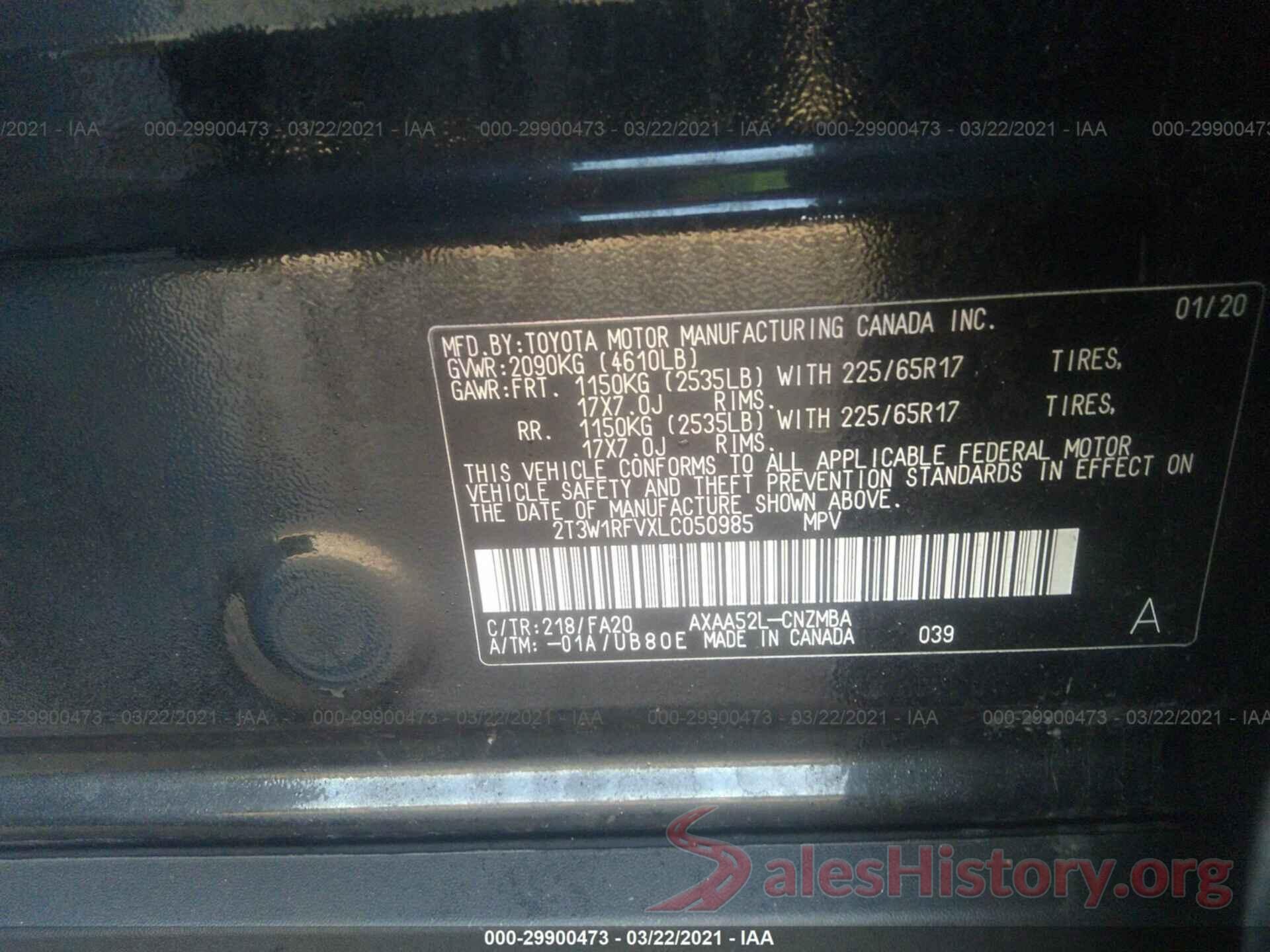 2T3W1RFVXLC050985 2020 TOYOTA RAV4