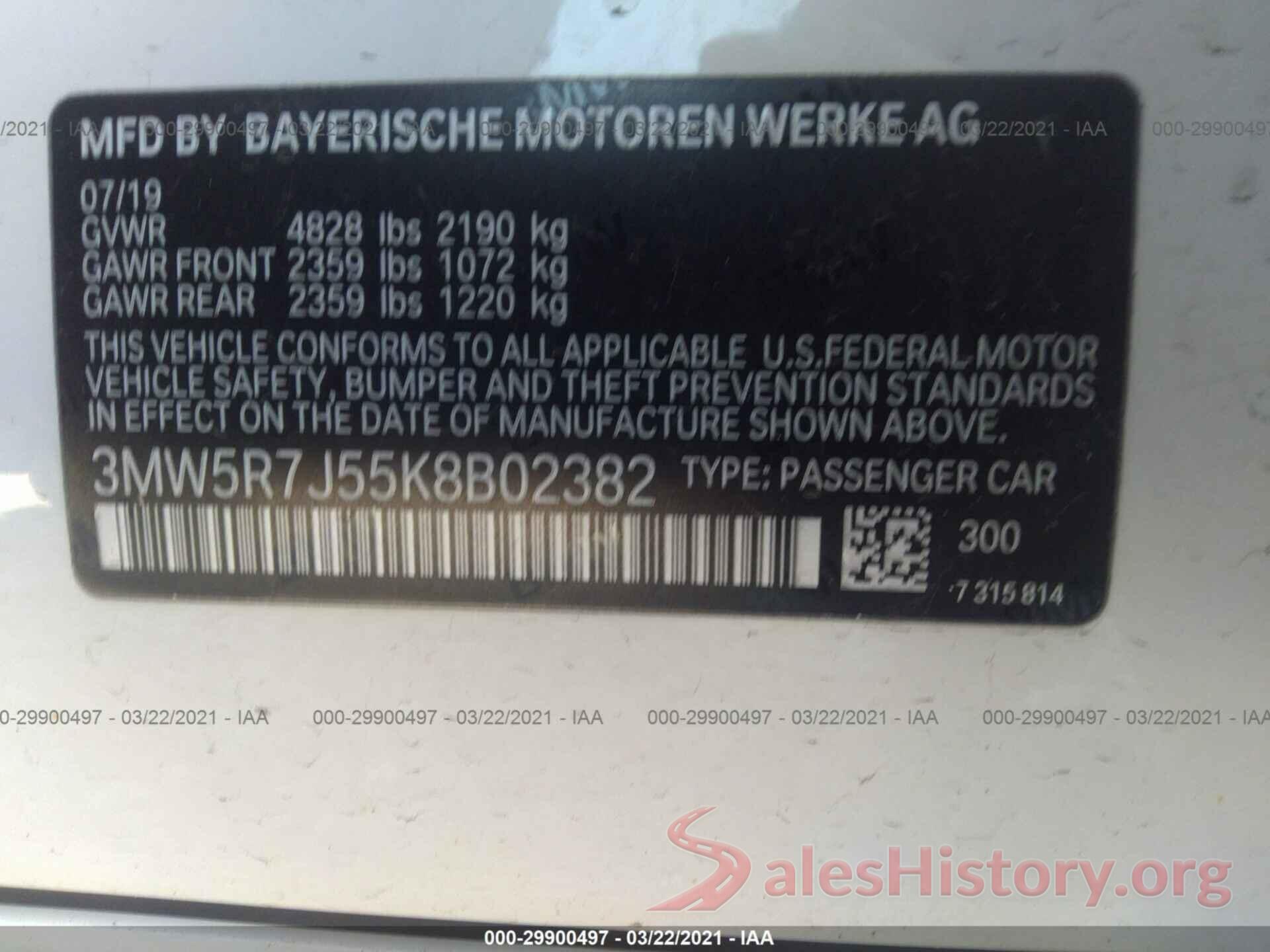 3MW5R7J55K8B02382 2019 BMW 3 SERIES