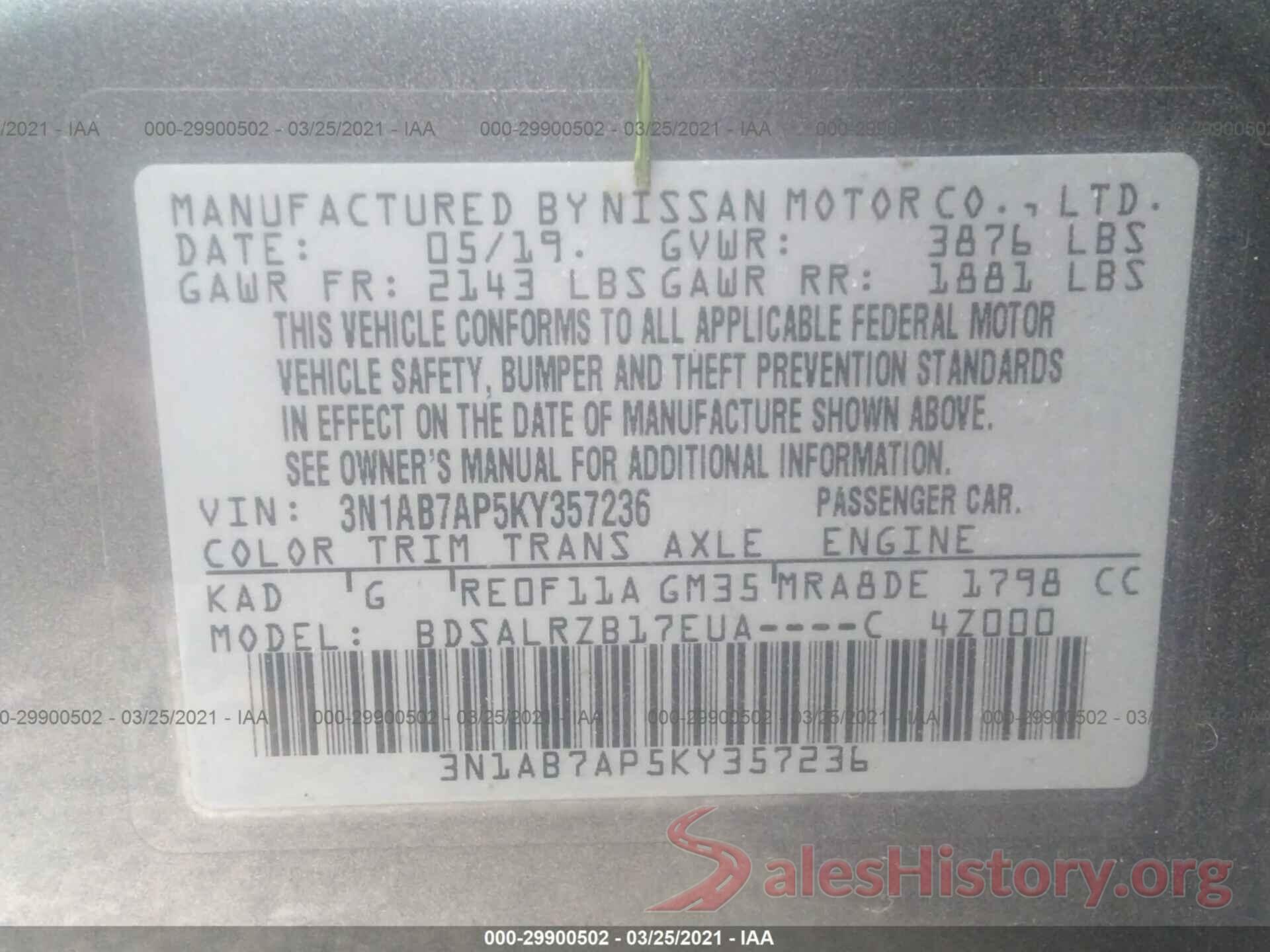 3N1AB7AP5KY357236 2019 NISSAN SENTRA