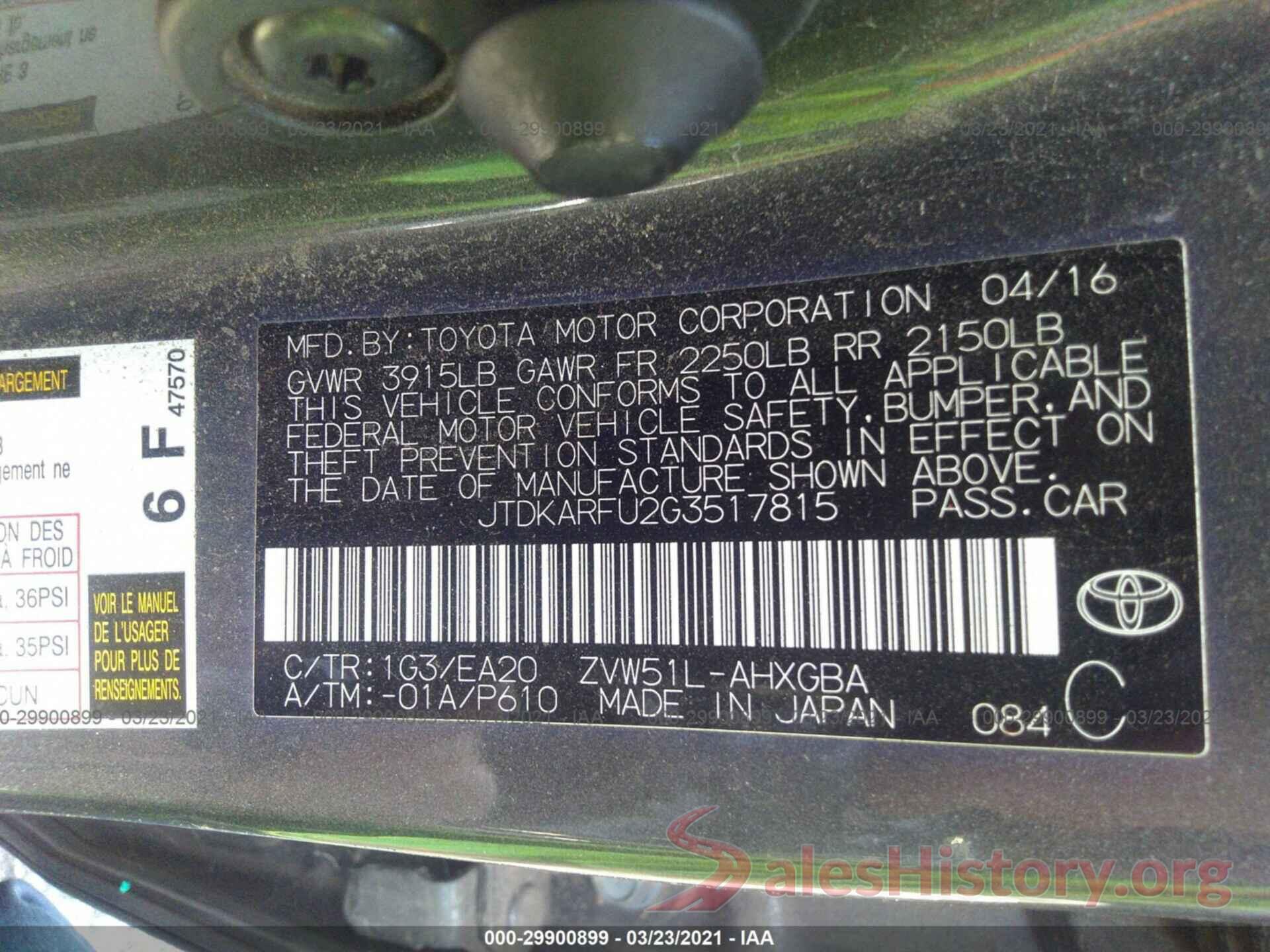 JTDKARFU2G3517815 2016 TOYOTA PRIUS