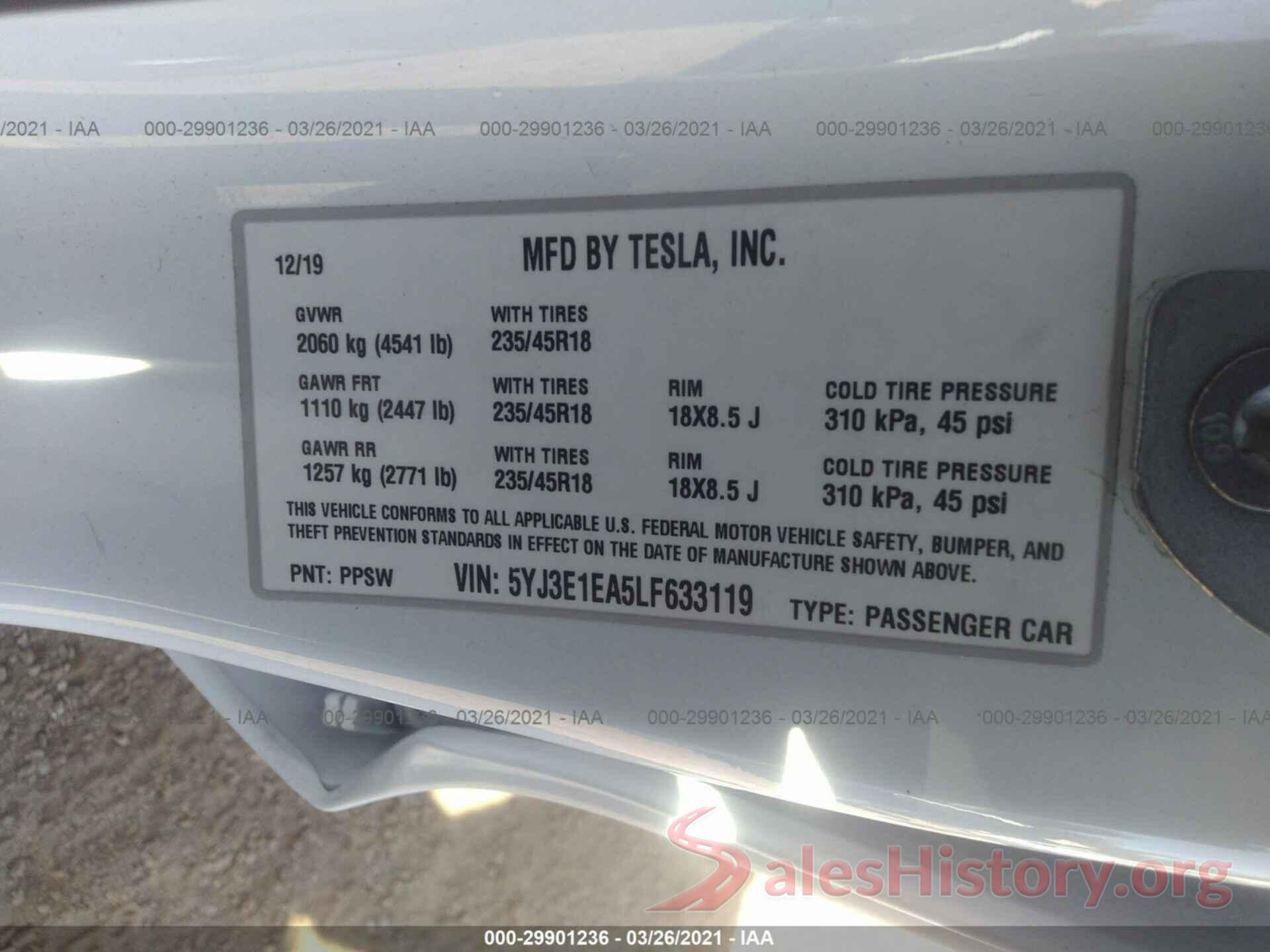 5YJ3E1EA5LF633119 2020 TESLA MODEL 3