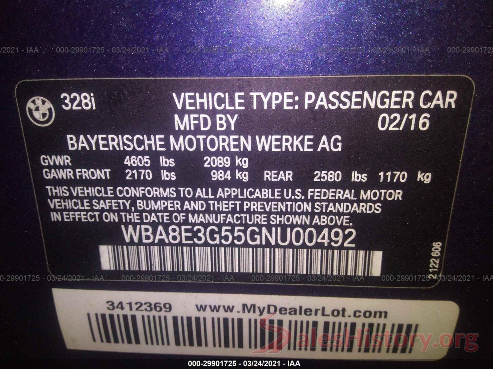 WBA8E3G55GNU00492 2016 BMW 3 SERIES