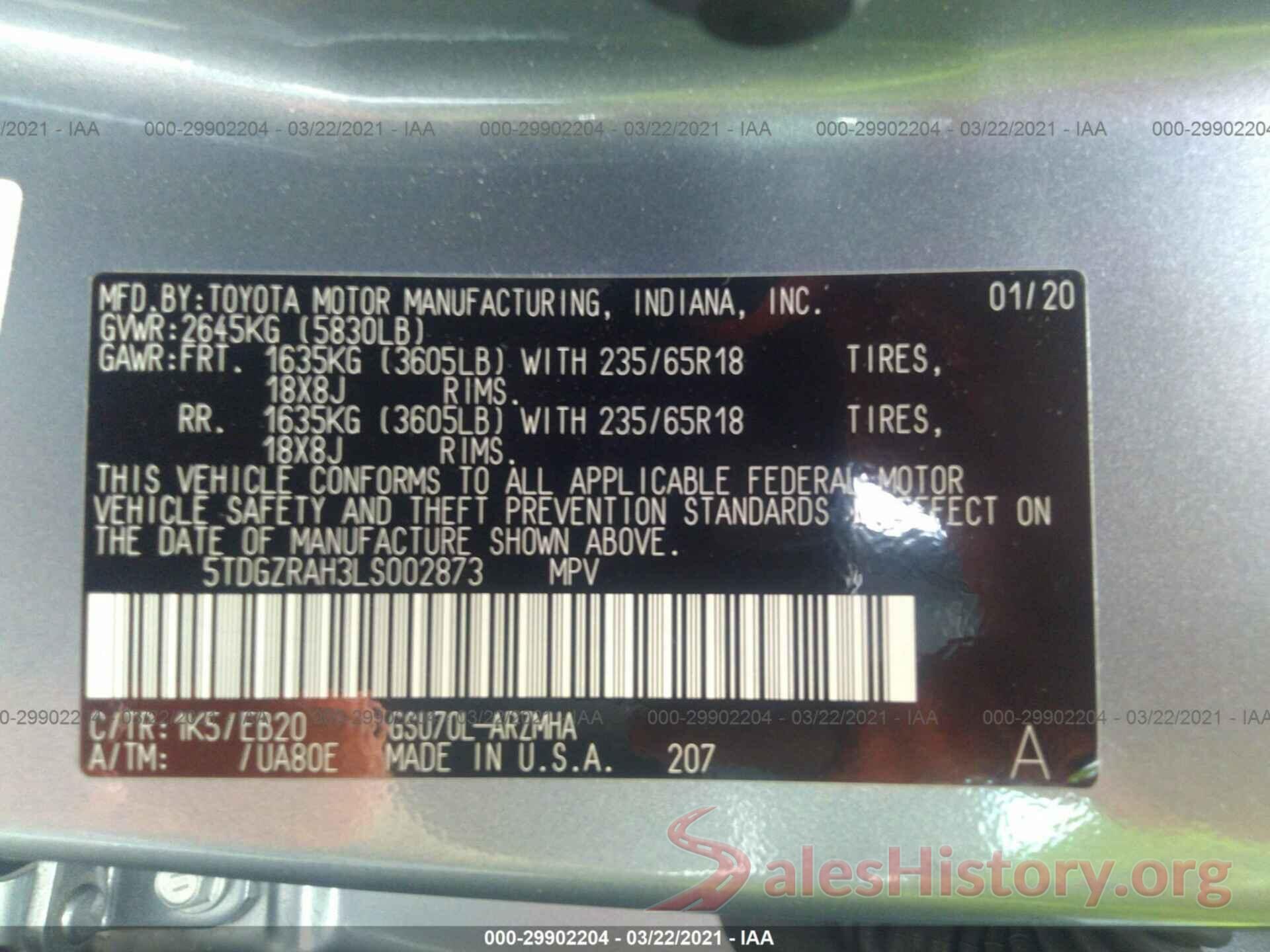 5TDGZRAH3LS002873 2020 TOYOTA HIGHLANDER