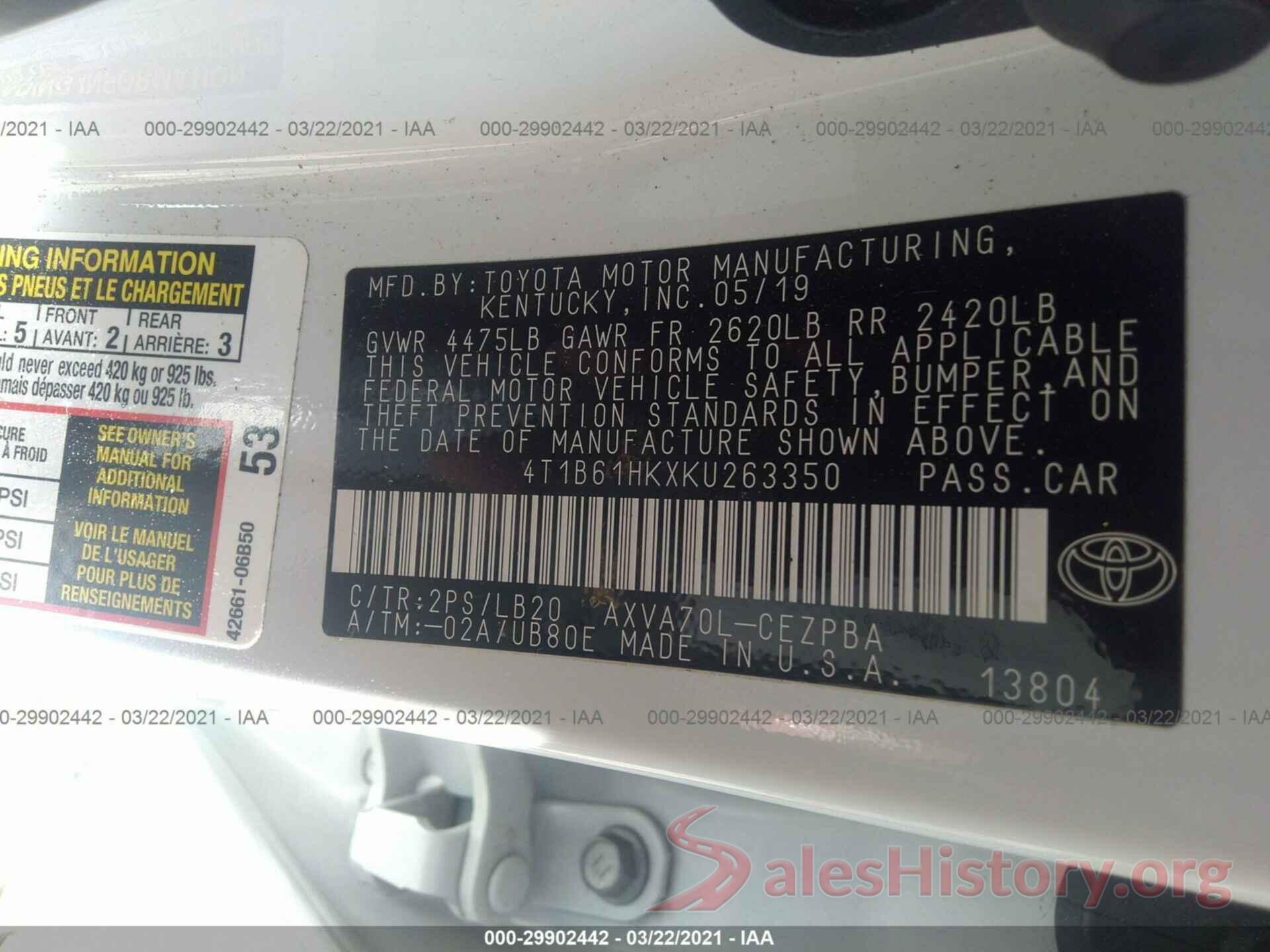 4T1B61HKXKU263350 2019 TOYOTA CAMRY