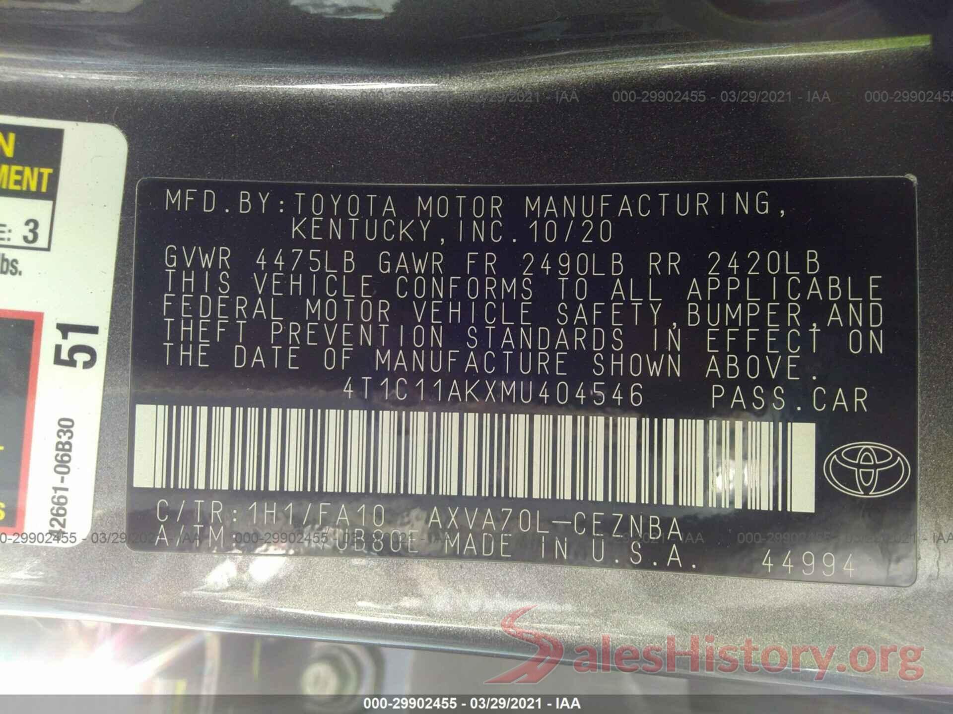 4T1C11AKXMU404546 2021 TOYOTA CAMRY