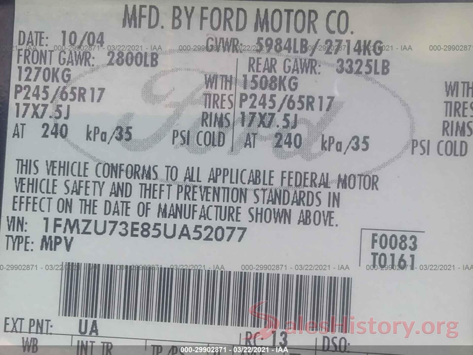 4T1BF1FK1HU286057 2005 FORD EXPLORER