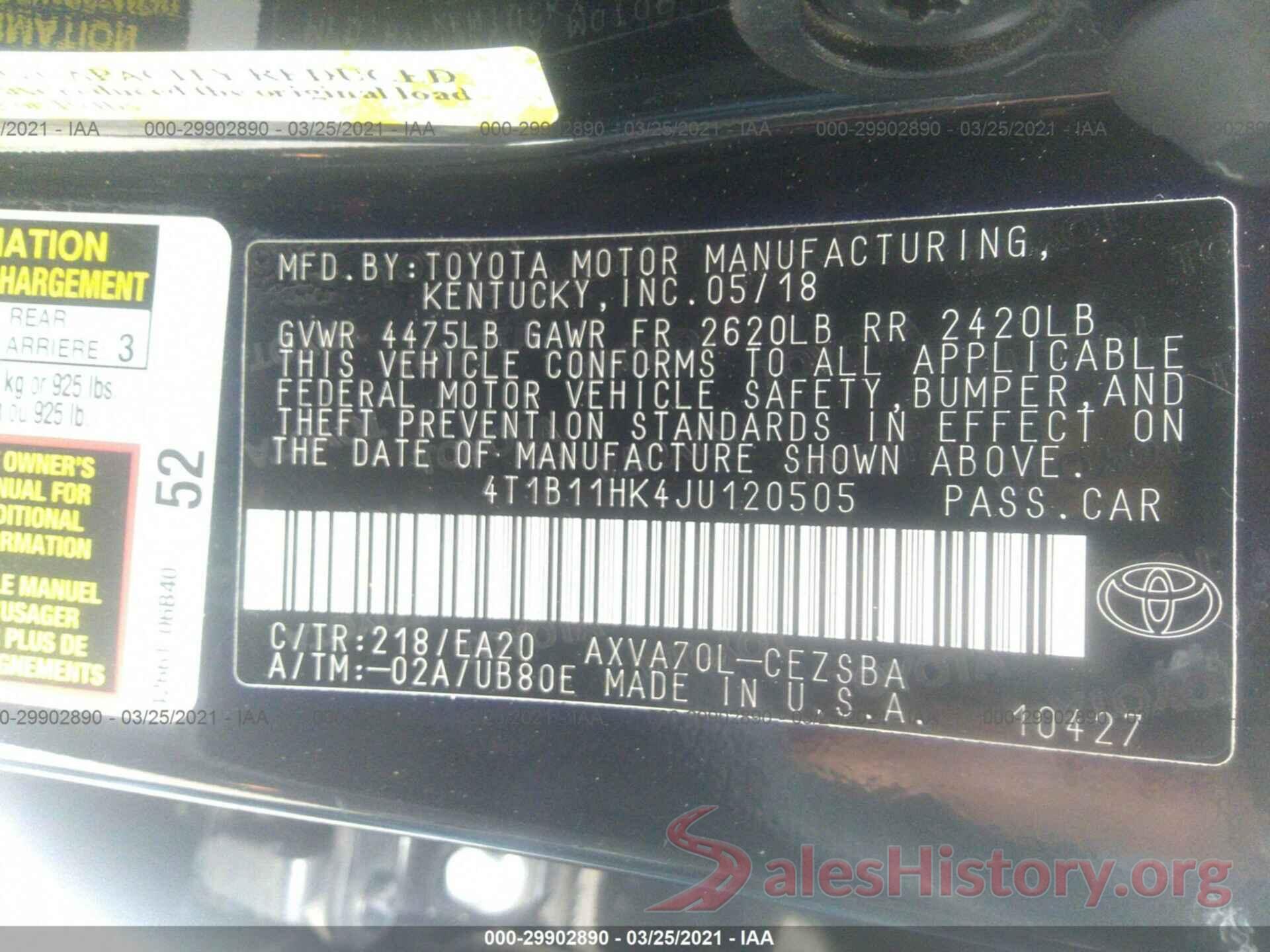 4T1B11HK4JU120505 2018 TOYOTA CAMRY