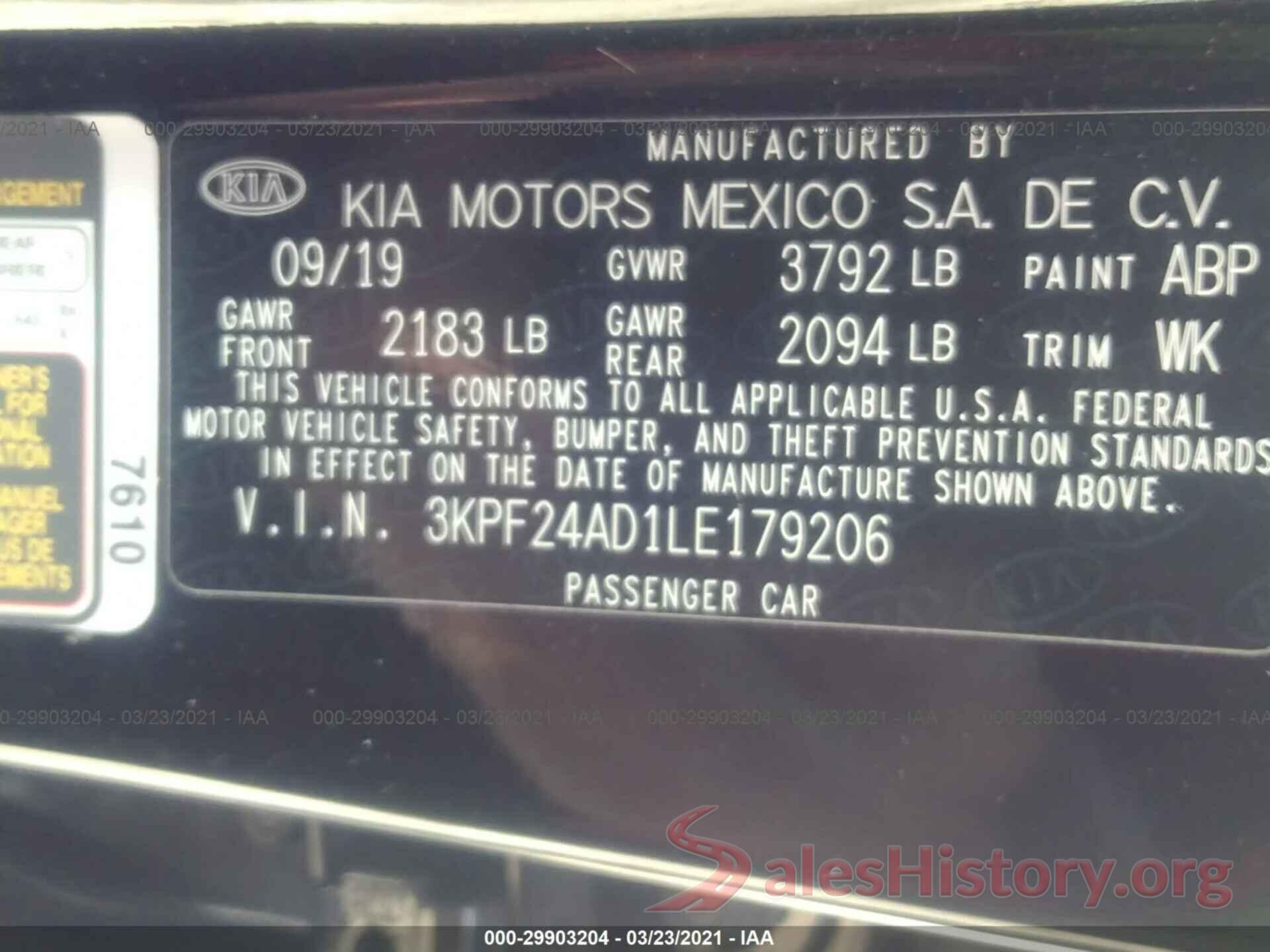 3KPF24AD1LE179206 2020 KIA FORTE