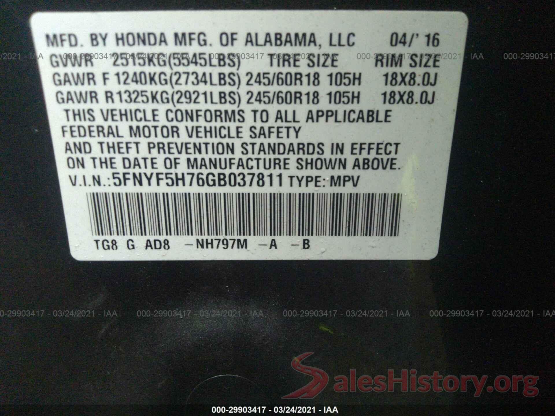 5FNYF5H76GB037811 2016 HONDA PILOT