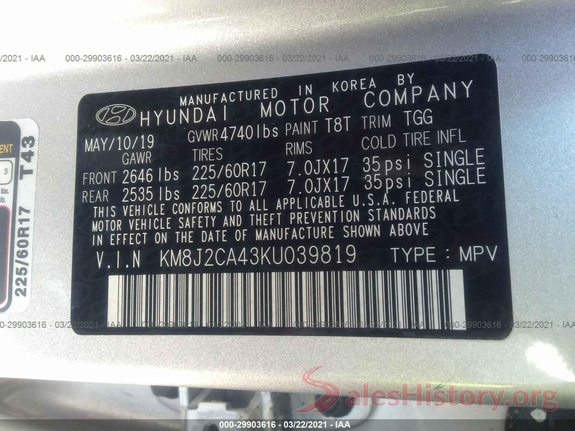 KM8J2CA43KU039819 2019 HYUNDAI TUCSON