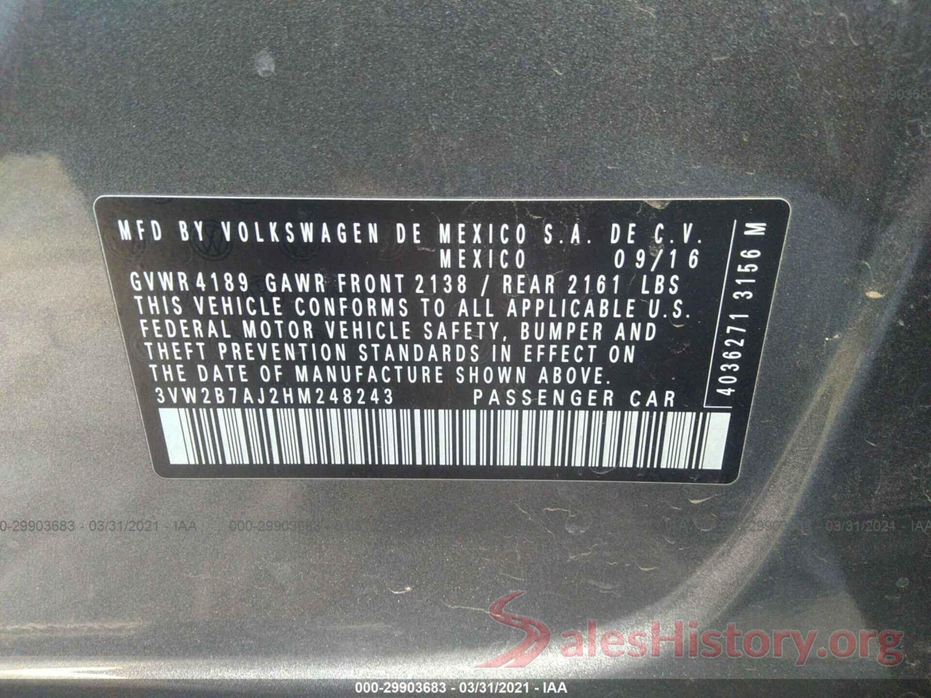 3VW2B7AJ2HM248243 2017 VOLKSWAGEN JETTA