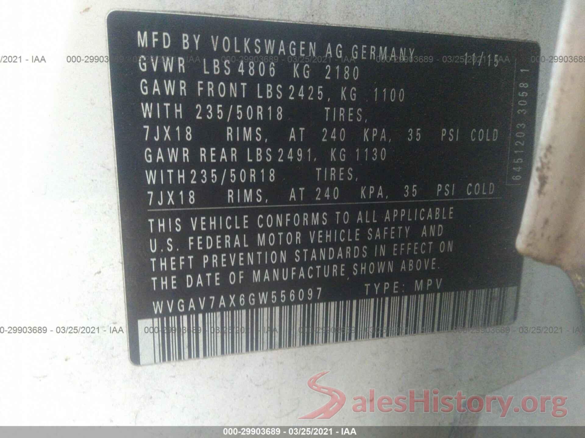 WVGAV7AX6GW556097 2016 VOLKSWAGEN TIGUAN