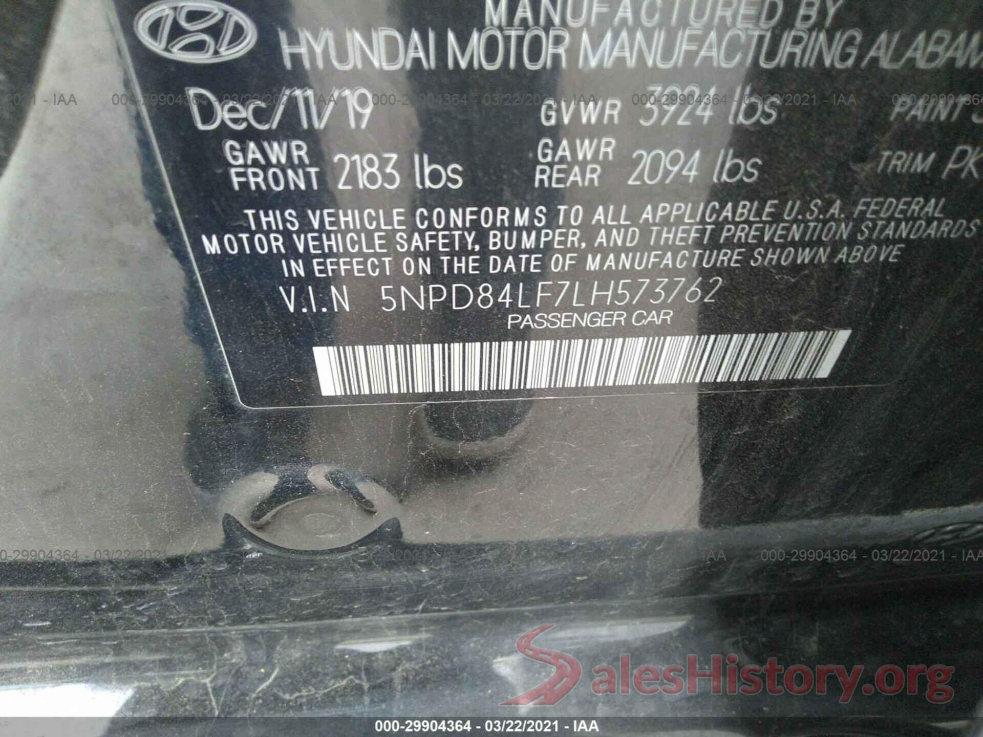 5NPD84LF7LH573762 2020 HYUNDAI ELANTRA