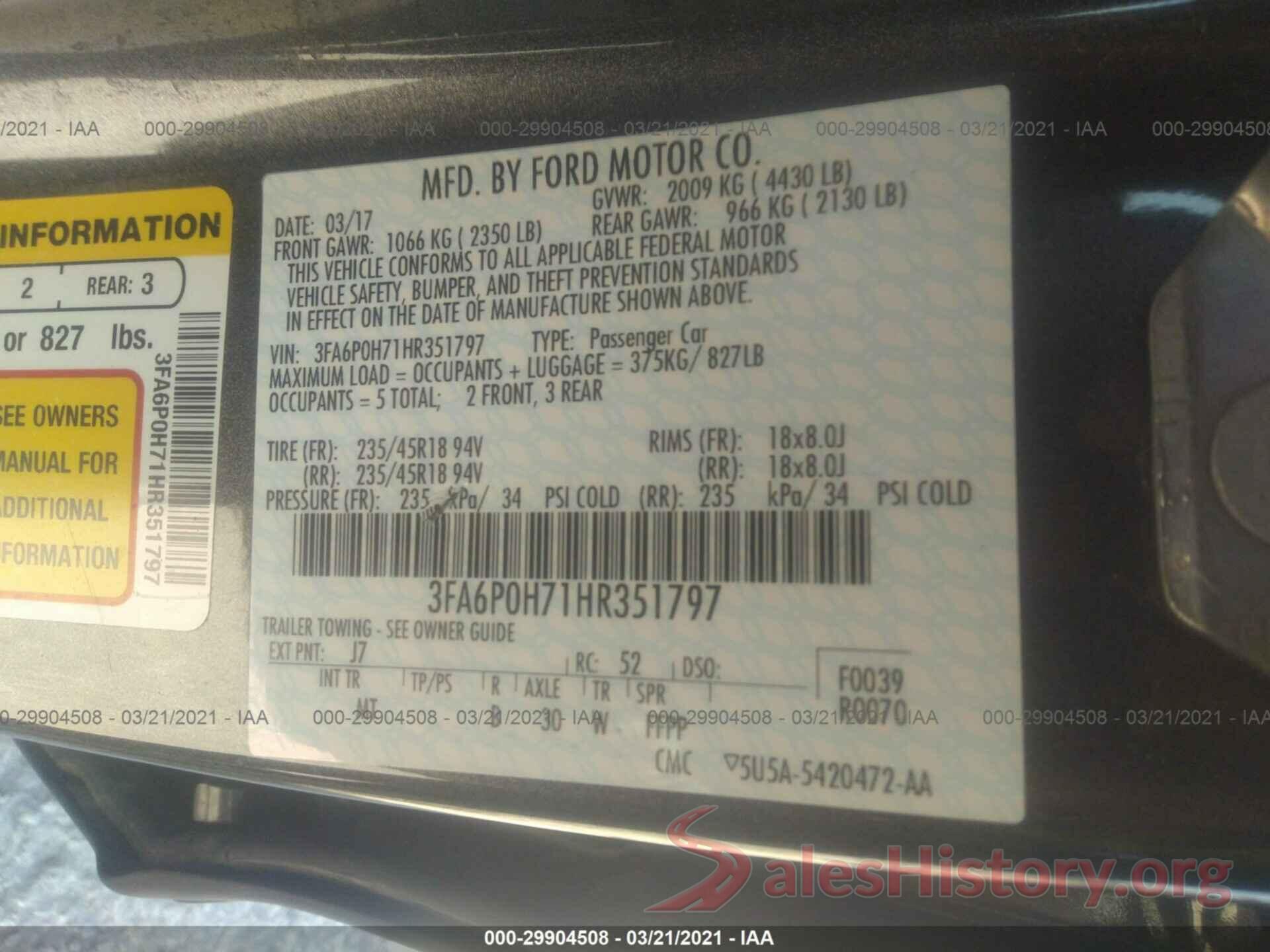 3FA6P0H71HR351797 2017 FORD FUSION