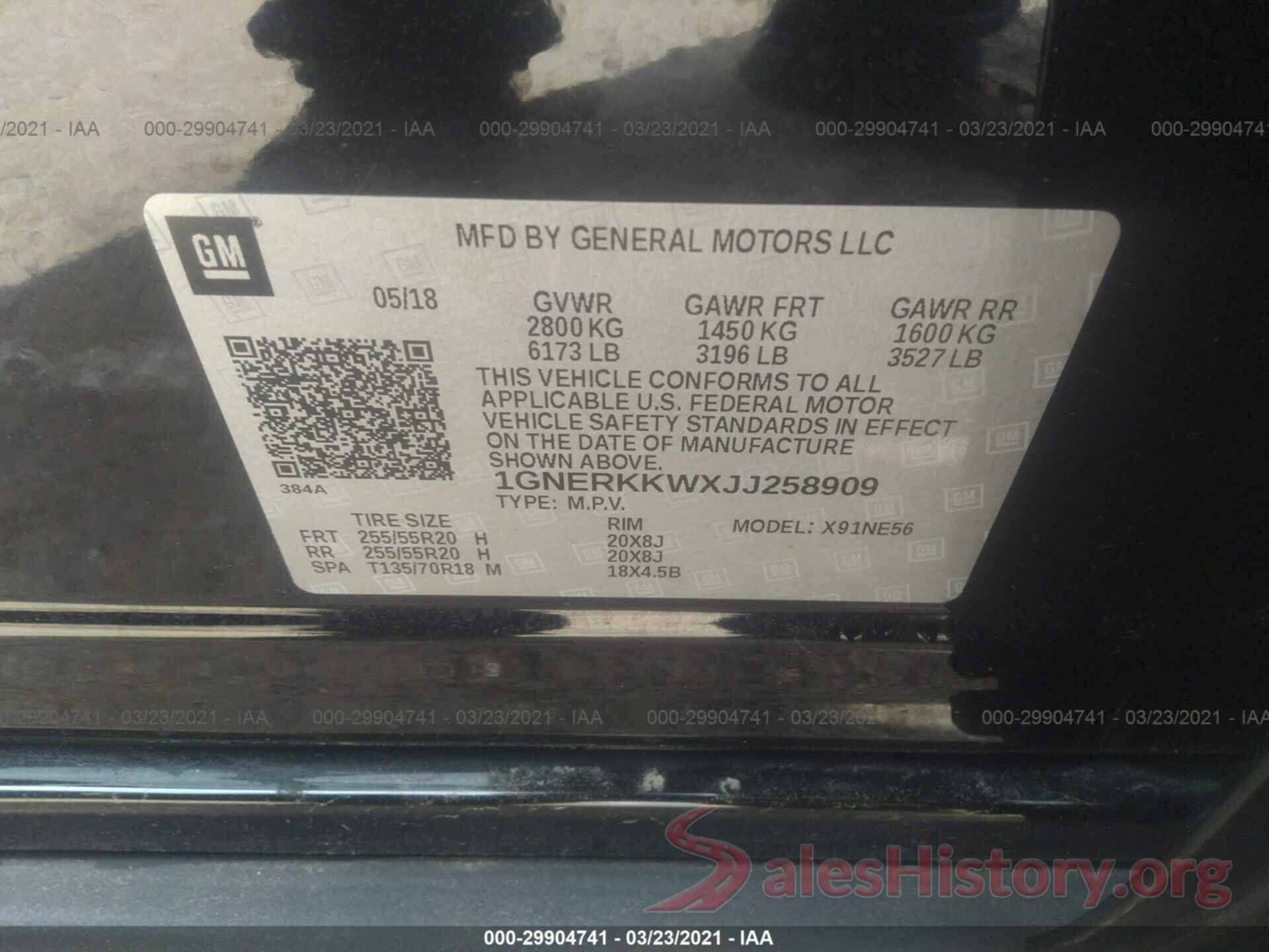 1GNERKKWXJJ258909 2018 CHEVROLET TRAVERSE