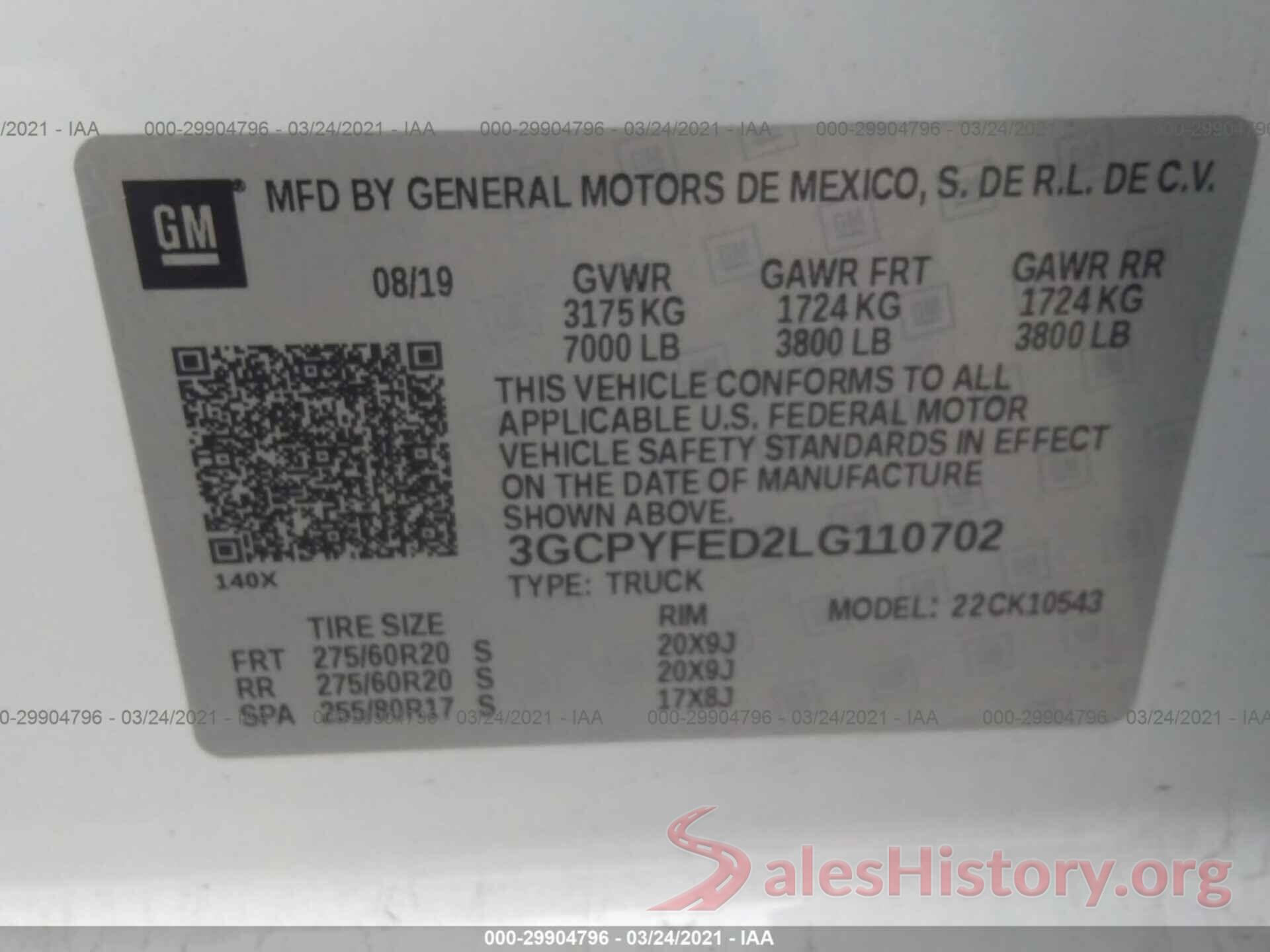 3GCPYFED2LG110702 2020 CHEVROLET SILVERADO 1500